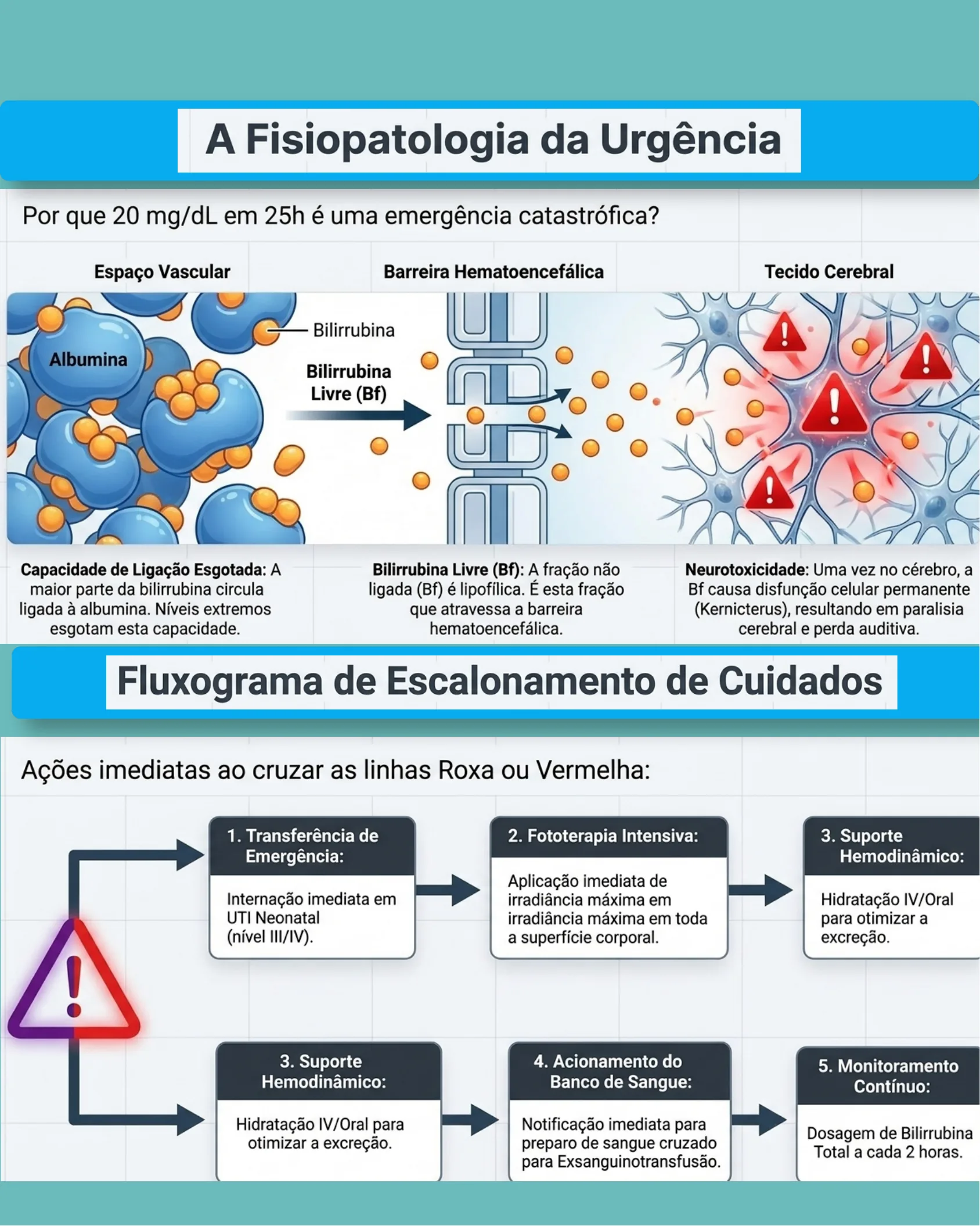 Diagram of bilirubin pathophysiology from vascular space through the blood-brain barrier to brain tissue, plus a care escalation flowchart with immediate action steps.