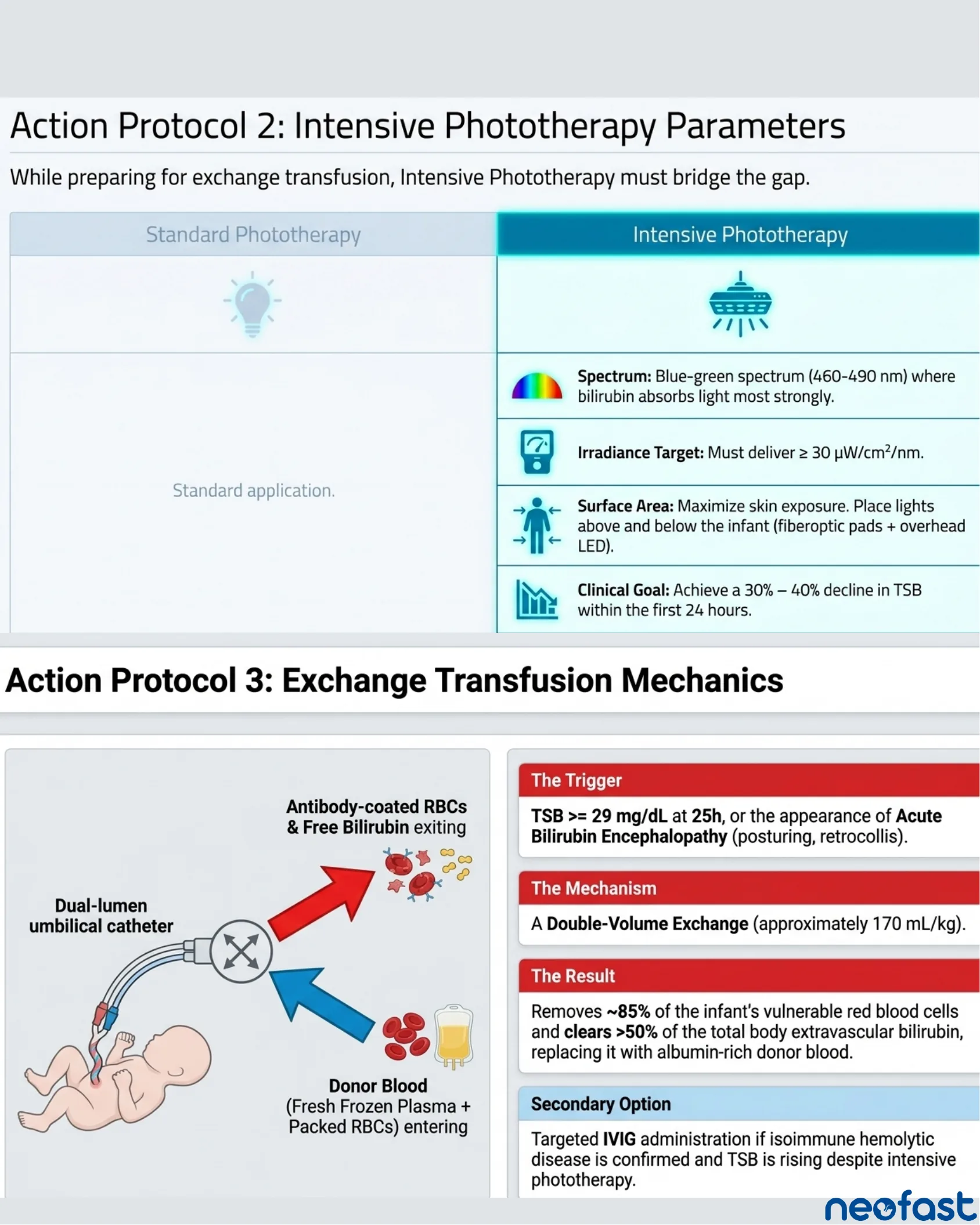 Tabela comparativa entre fototerapia padrão e intensiva com parâmetros técnicos, seguida de diagrama explicando a mecânica da exsanguineotransfusão com cateter umbilical de duplo lúmen.