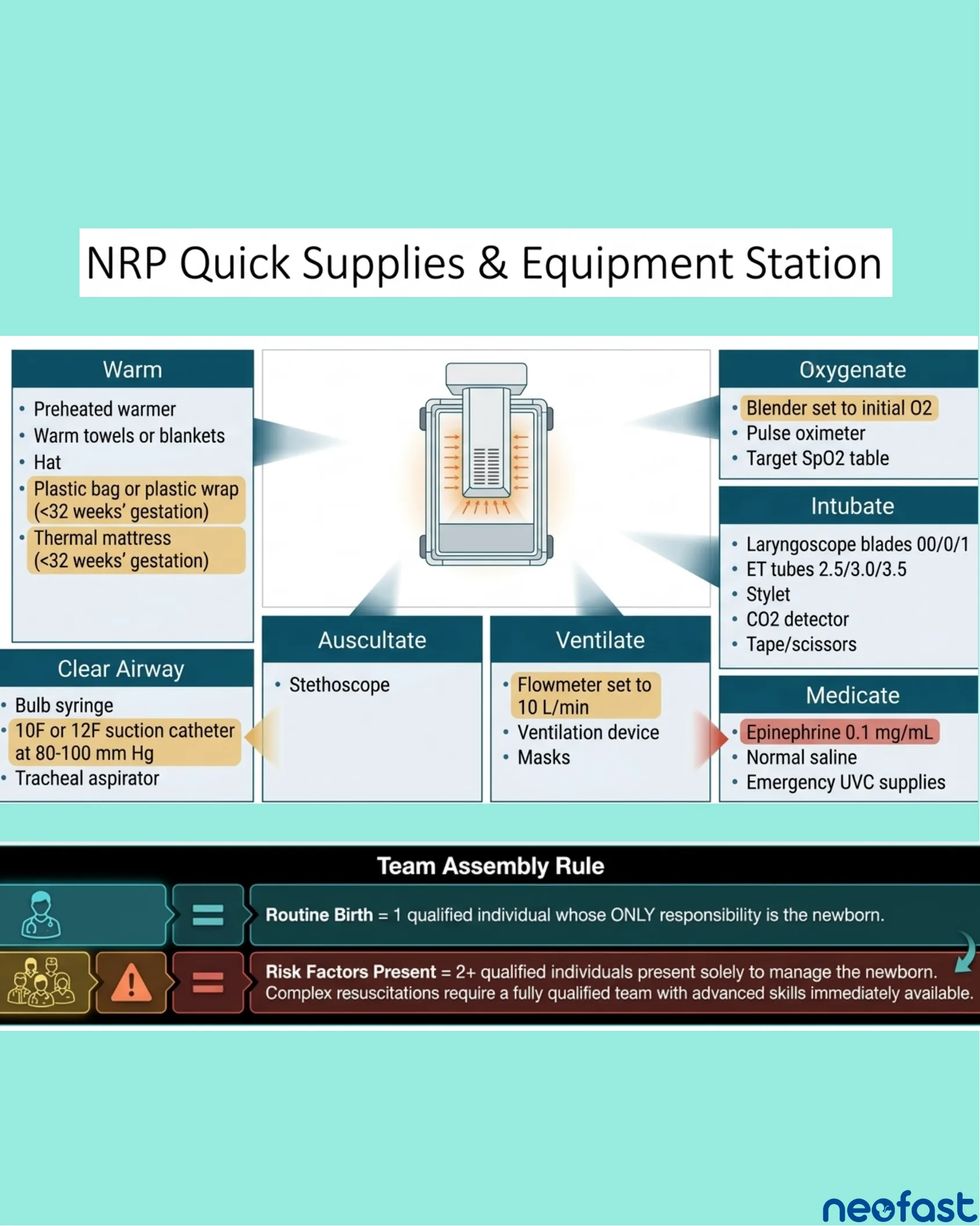 Grid layout of equipment categories including Warm, Clear Airway, Auscultate, Ventilate, Oxygenate, Intubate, and Medicate supplies, with a Team Assembly Rule banner at the bottom.