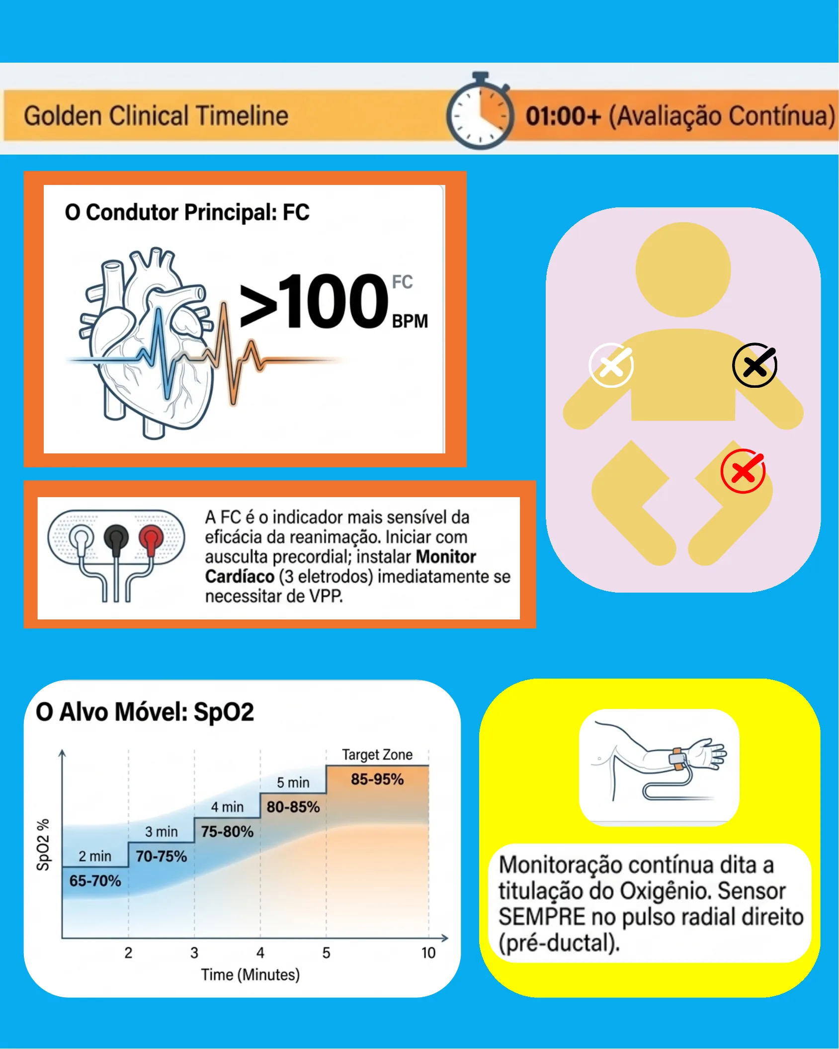 Infográfico sobre monitorização contínua do recém-nascido após o primeiro minuto, com foco na frequência cardíaca como indicador principal, posicionamento do monitor cardíaco e tabela de metas de saturação de oxigênio (SpO2) por minuto.
