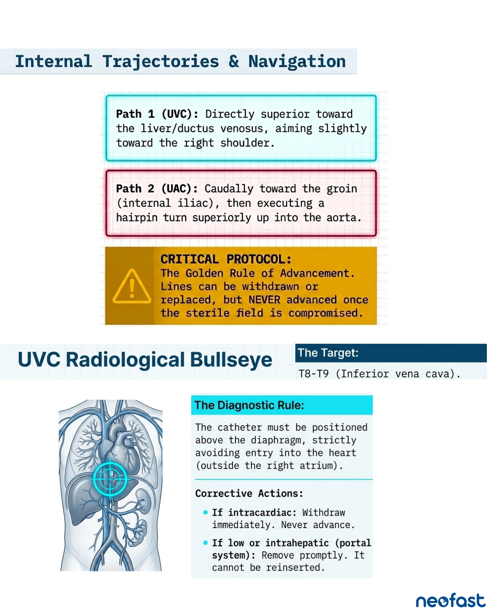 Text boxes describing UVC and UAC internal catheter paths with a critical advancement warning, plus a diagram of the UVC radiological target location in the liver/IVC.
