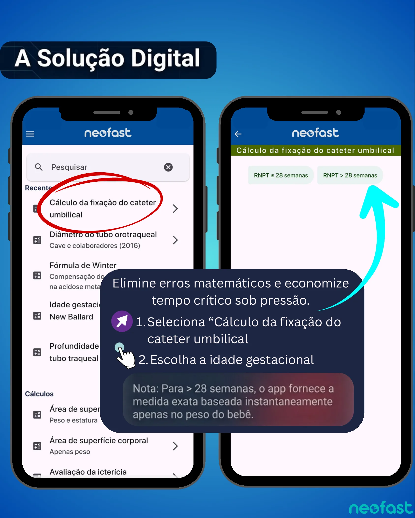 Duas telas do aplicativo NeoFast mostrando o menu de busca e a tela de cálculo da fixação do cateter umbilical com opções de idade gestacional.