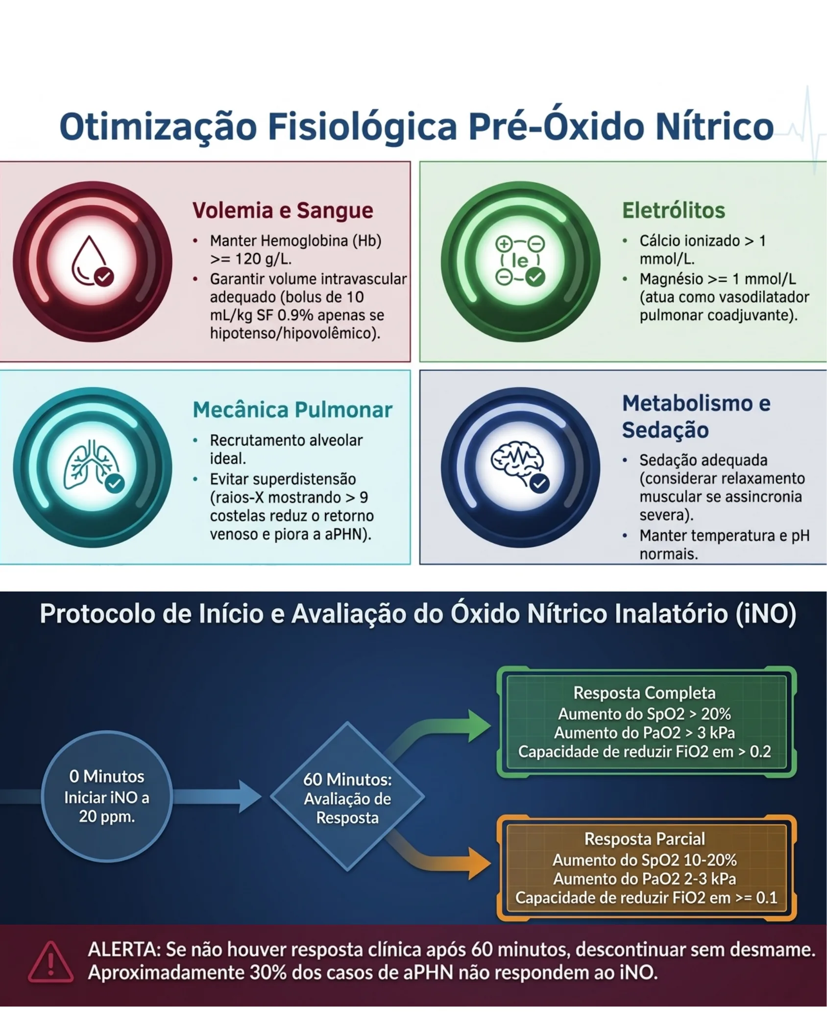 Infográfico com quatro pilares de otimização fisiológica antes do óxido nítrico e fluxograma do protocolo de início e avaliação de resposta ao óxido nítrico inalatório.