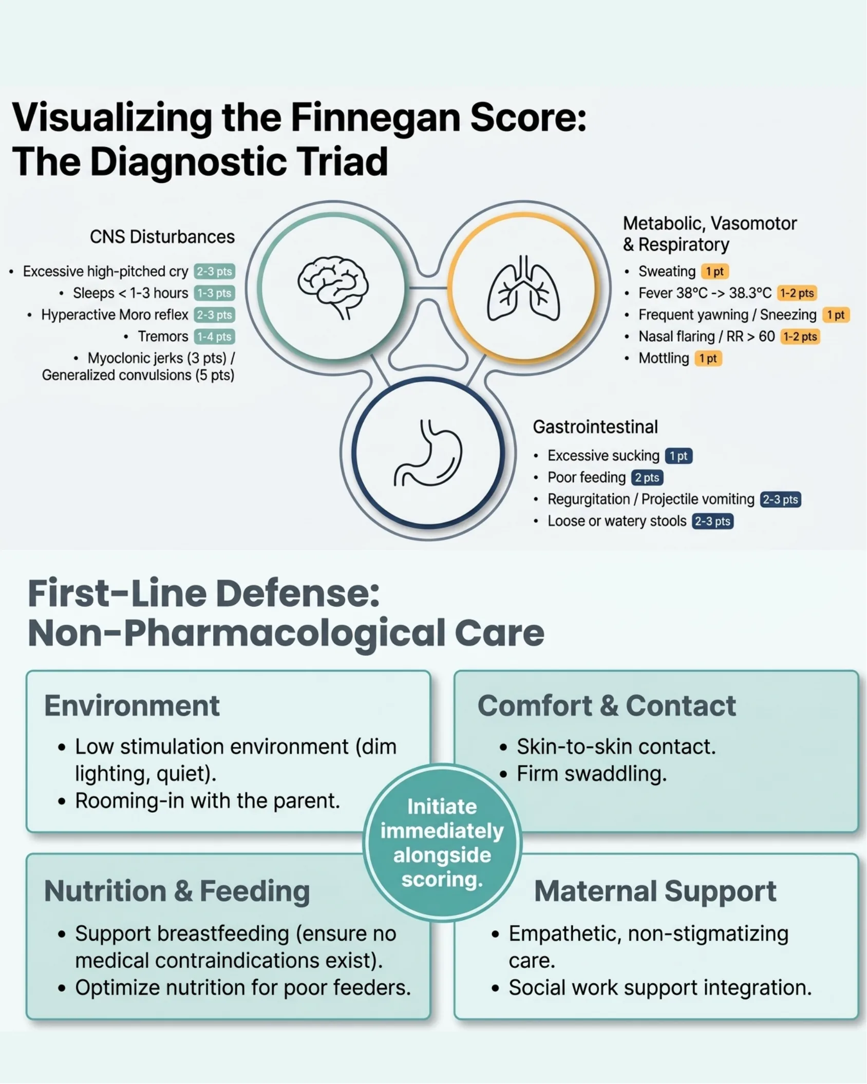 Diagram showing the diagnostic triad of CNS disturbances, metabolic/vasomotor/respiratory signs, and gastrointestinal signs with associated Finnegan score points, plus a four-quadrant chart on first-line non-pharmacological care covering environment, comfort and contact, nutrition and feeding, and maternal support.