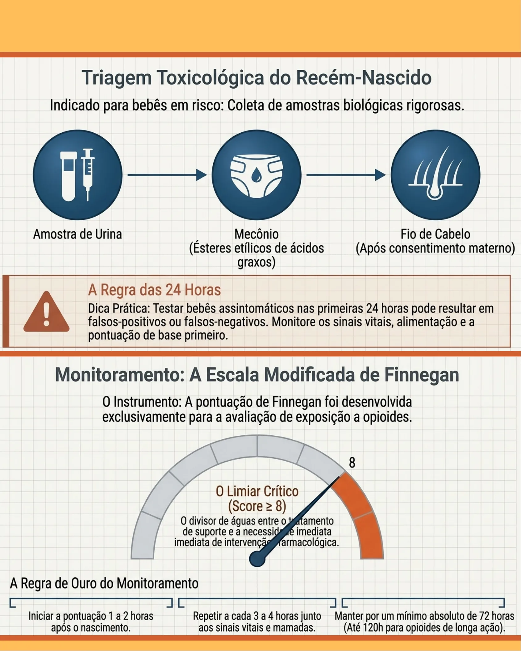 Infográfico sobre triagem toxicológica com amostra de urina, mecônio e fio de cabelo, seguido da regra das 24 horas e um velocímetro representando o limiar crítico do Escore de Finnegan.