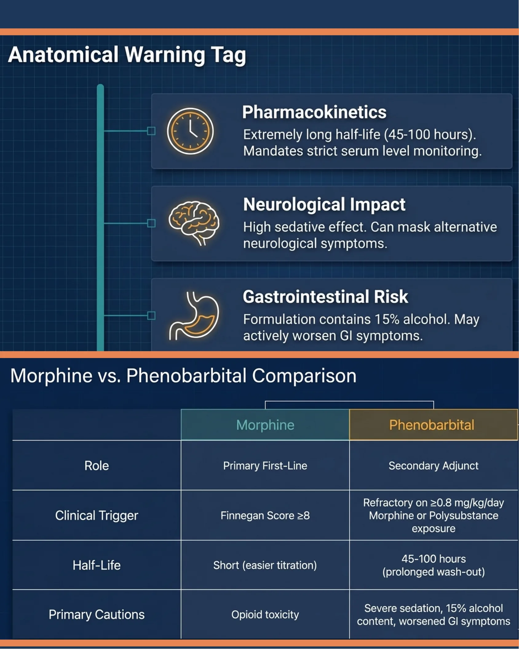 Infographic detailing pharmacokinetics, neurological, and gastrointestinal risks of phenobarbital, alongside a comparison table between morphine and phenobarbital covering role, clinical trigger, half-life, and primary cautions.