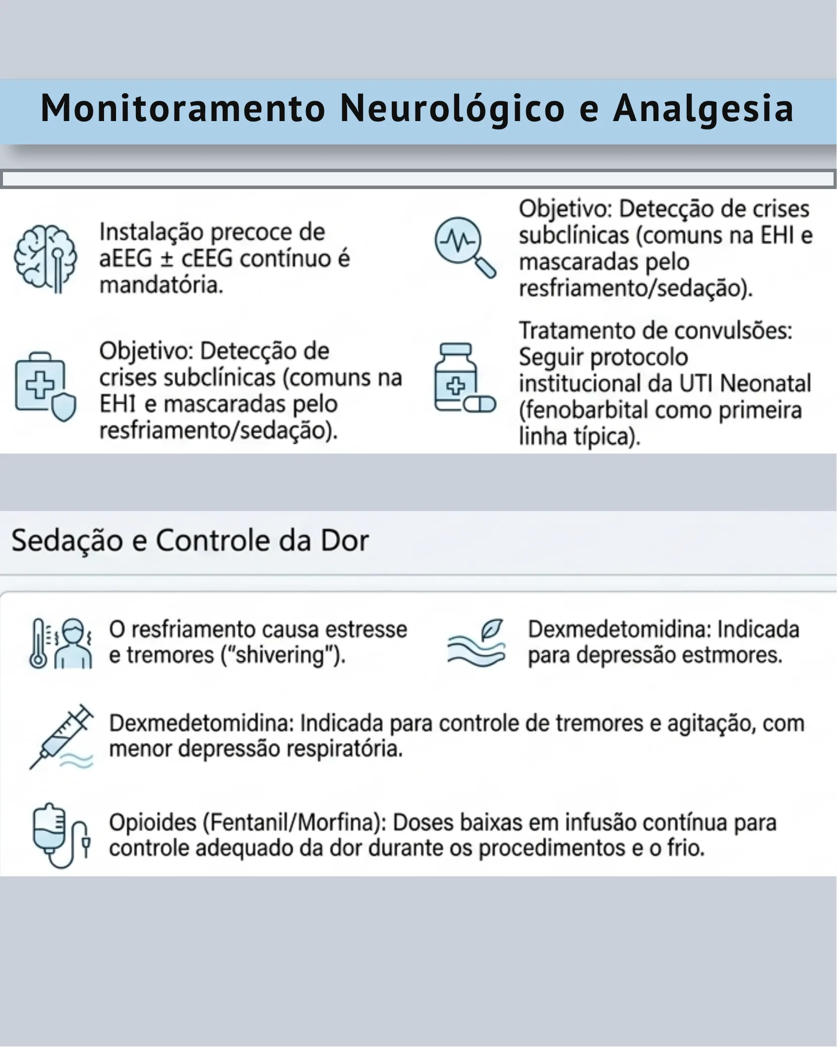 Painel informativo sobre monitoramento eletroencefalográfico, tratamento de convulsões e sedação/analgesia durante a hipotermia terapêutica neonatal.