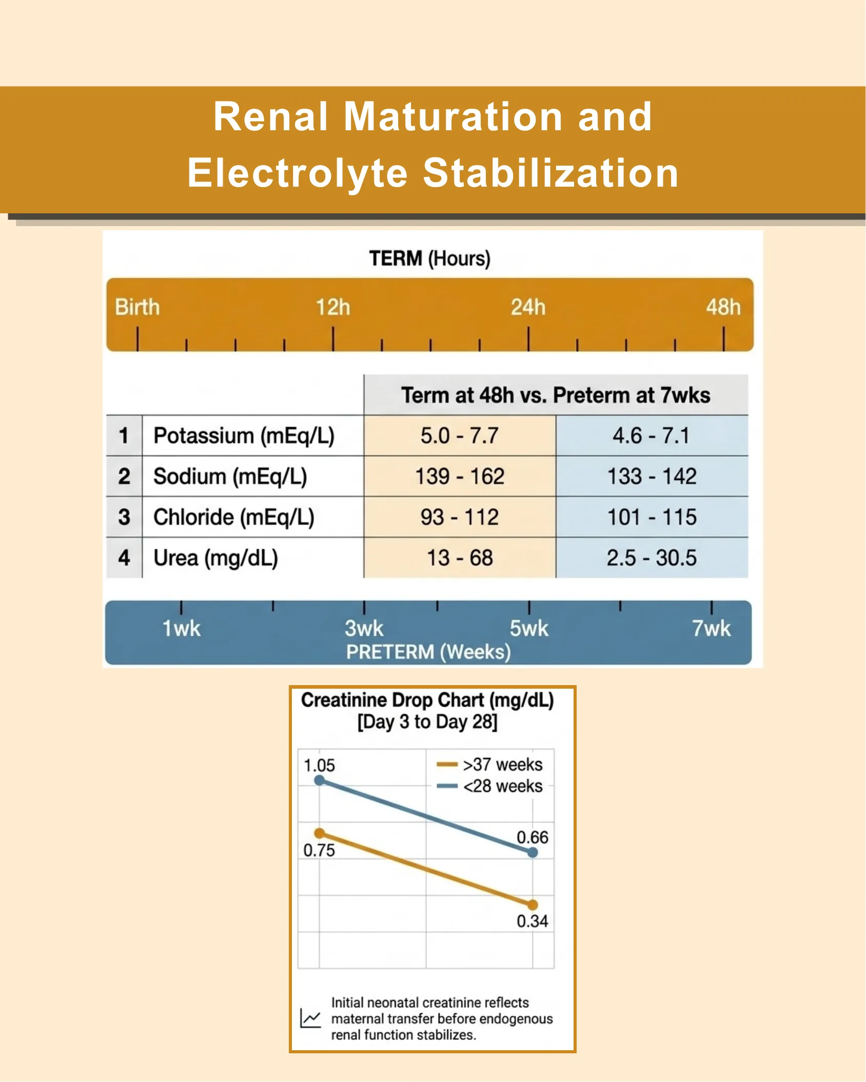 Timeline bars for term (hours) and preterm (weeks) renal maturation with a table of potassium, sodium, chloride, and urea values, plus a creatinine drop chart from day 3 to day 28.