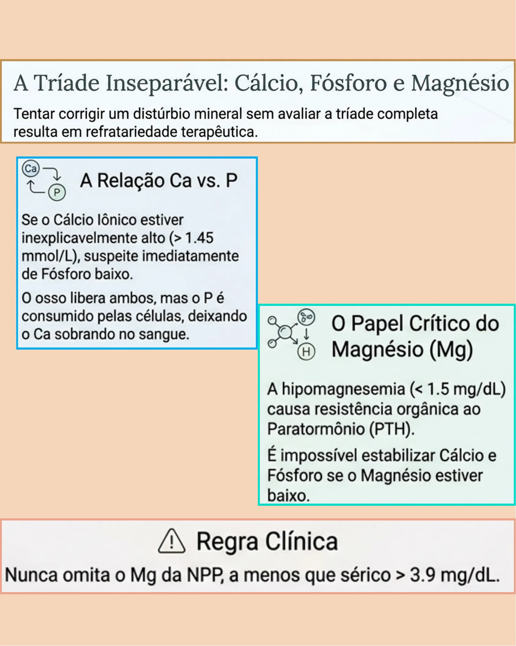 Diagrama explicando a relação entre cálcio, fósforo e magnésio no manejo de distúrbios minerais neonatais, com regra clínica de suplementação.