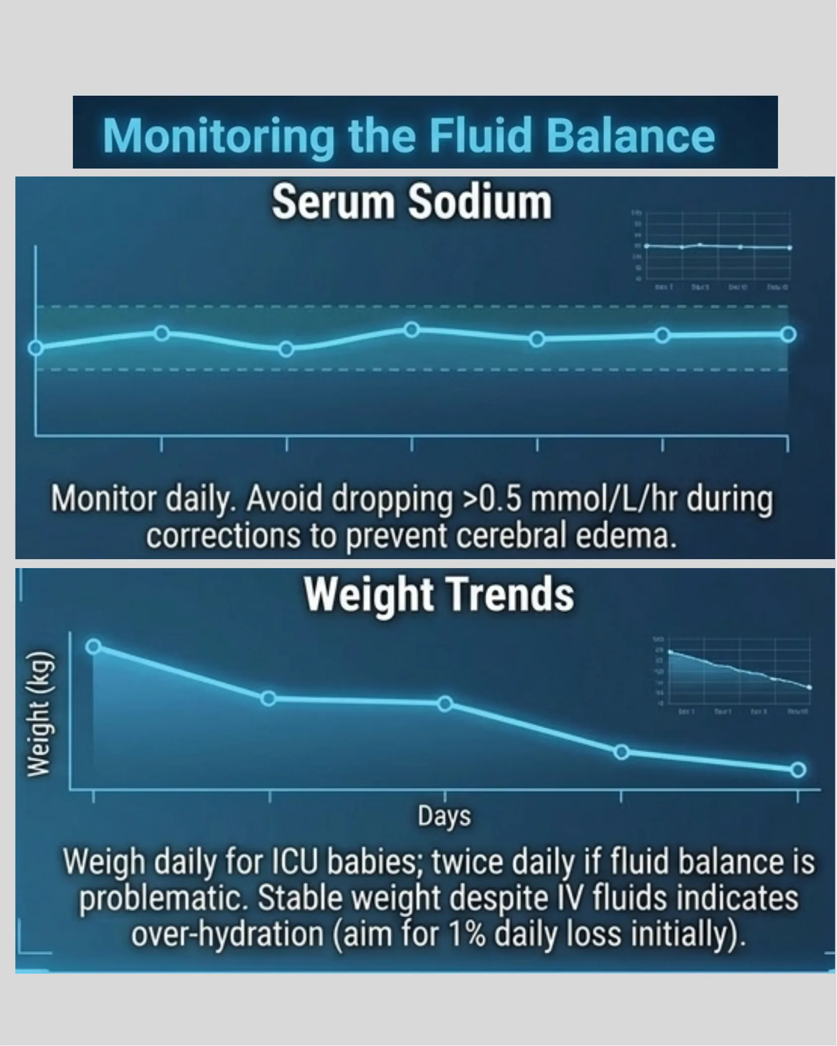 Line charts showing serum sodium levels staying within a target band over time and a declining weight trend line across days for a neonatal patient.