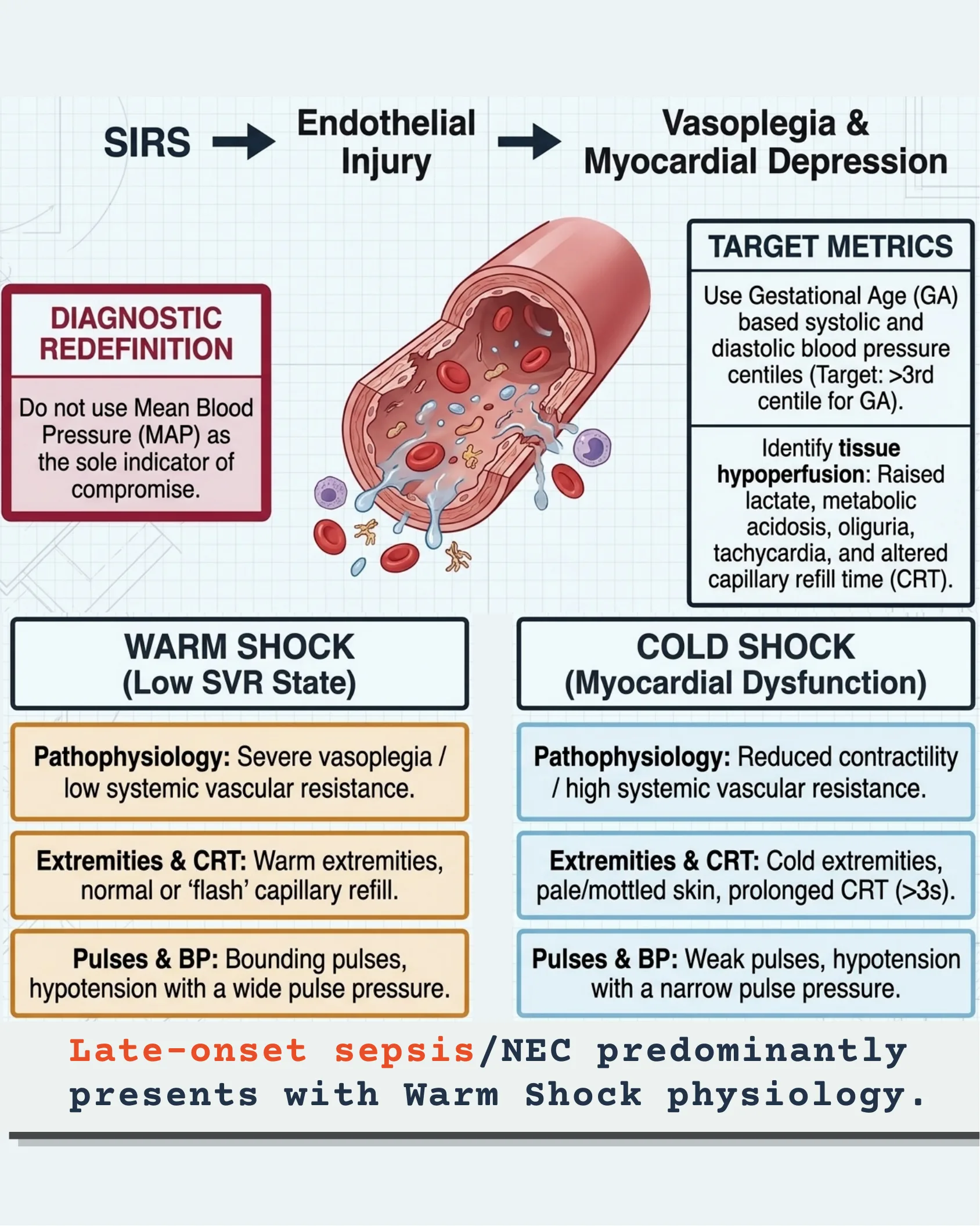 Fisiopatologia do choque: SIRS → lesão endotelial → vasoplegia e depressão miocárdica. Comparação Warm Shock vs. Cold Shock.