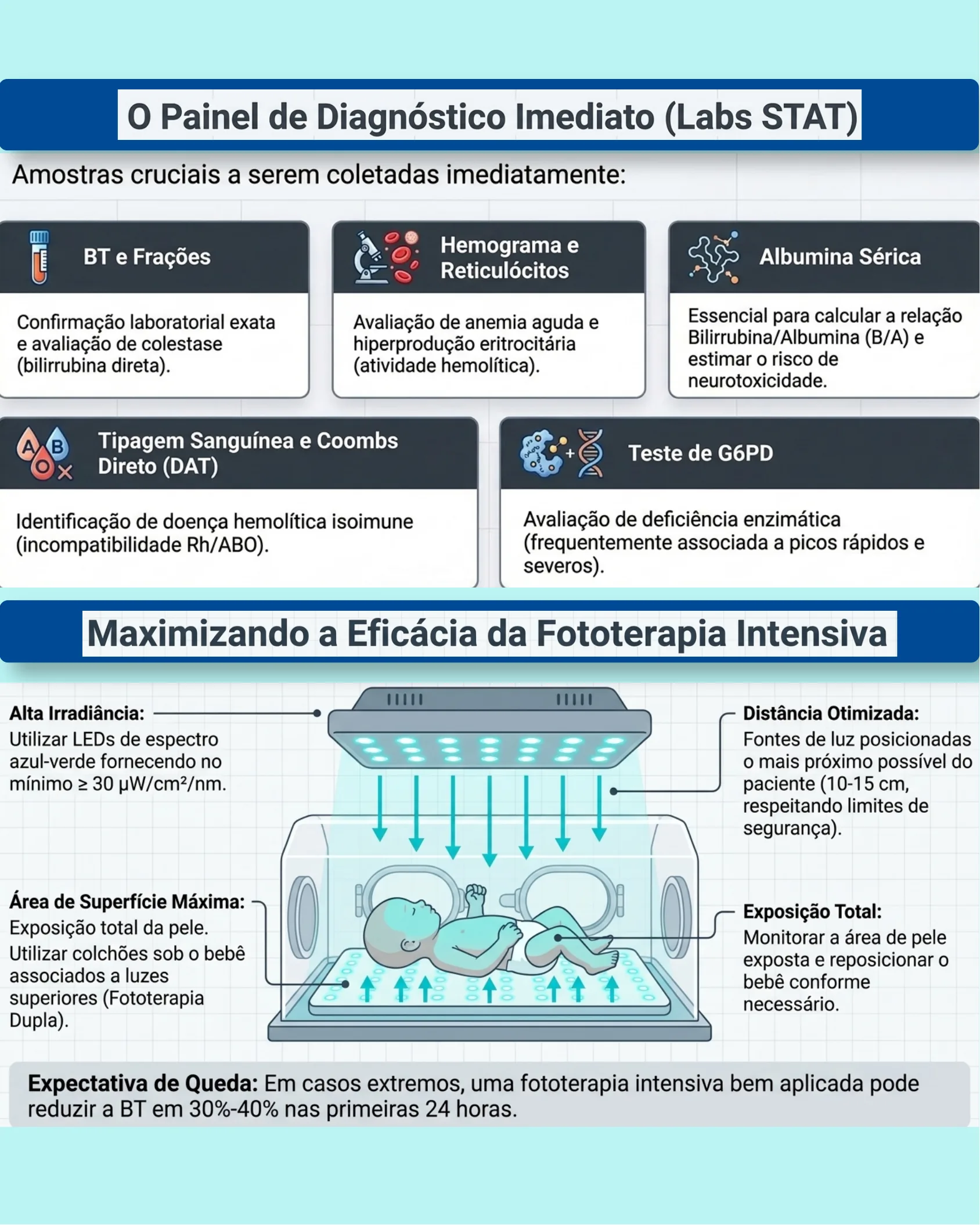Panel of immediate STAT lab tests for hyperbilirubinemia workup and a diagram showing optimal setup of intensive phototherapy in an incubator.