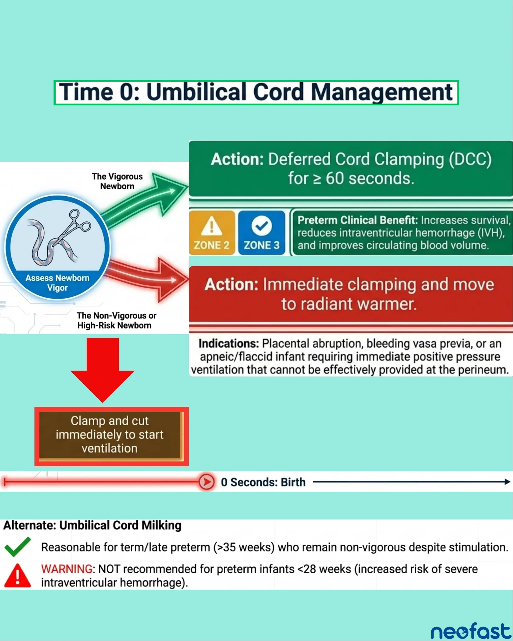 Flow diagram showing assessment of newborn vigor branching into deferred cord clamping for vigorous infants versus immediate clamping for non-vigorous or high-risk infants, with a timeline and umbilical cord milking guidance.