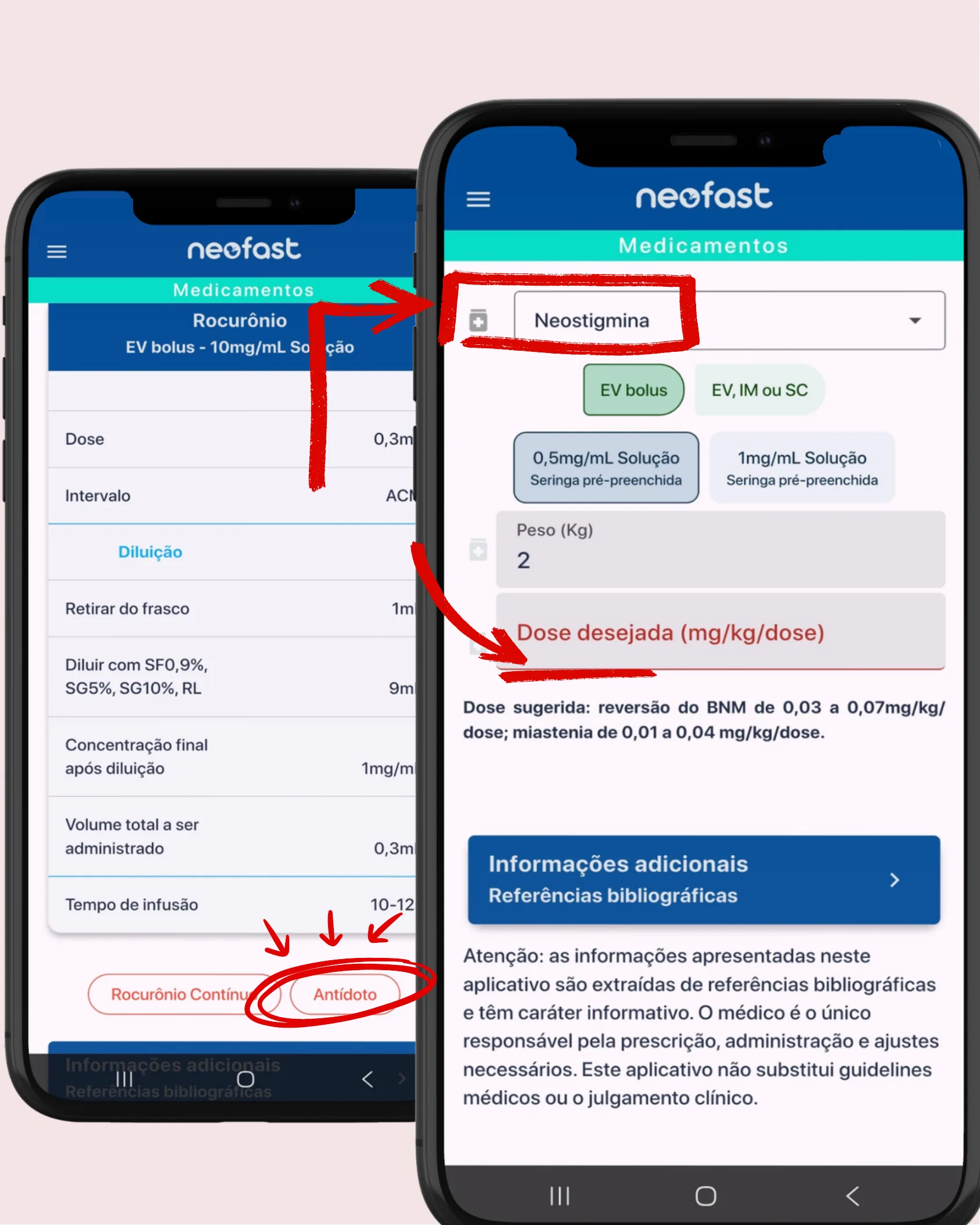 Telas do aplicativo Neofast mostrando o cálculo de diluição do Rocurônio e o cálculo da dose de Neostigmina como antídoto para reversão do bloqueio neuromuscular.
