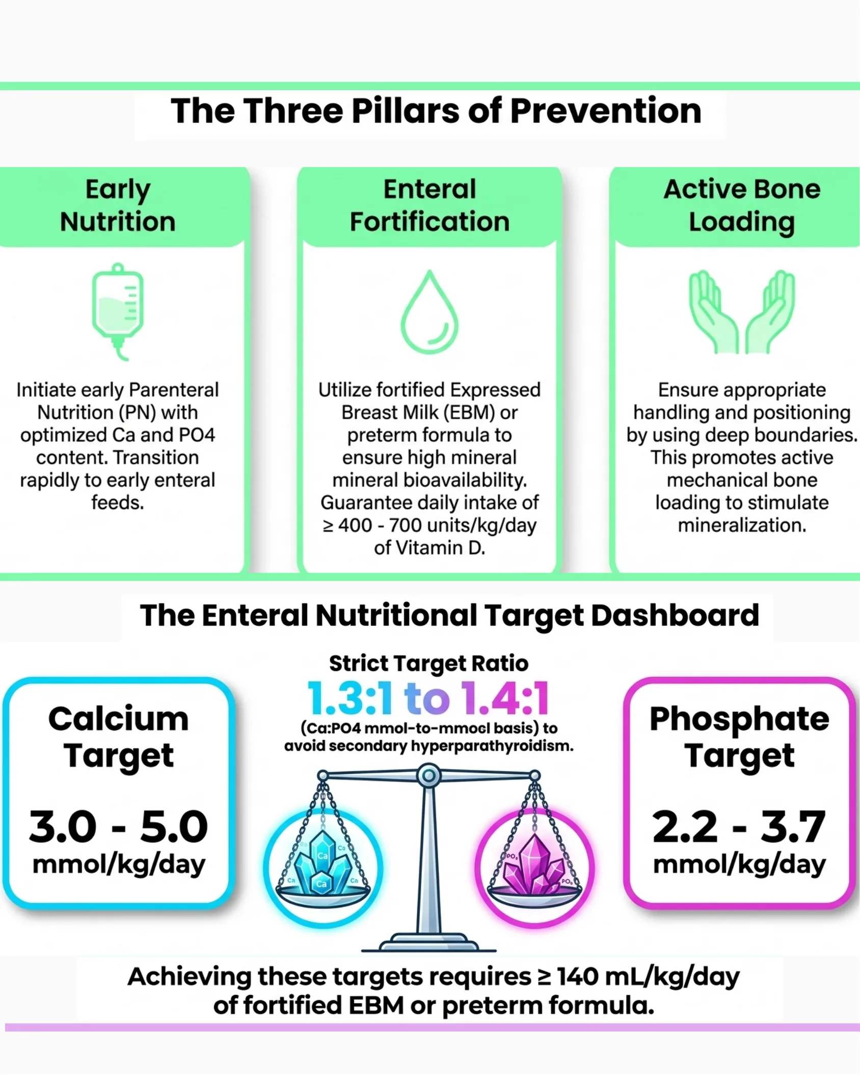 Infographic outlining three prevention pillars-early nutrition, enteral fortification, and active bone loading-plus a nutritional target dashboard with calcium and phosphate targets and a balance scale icon.