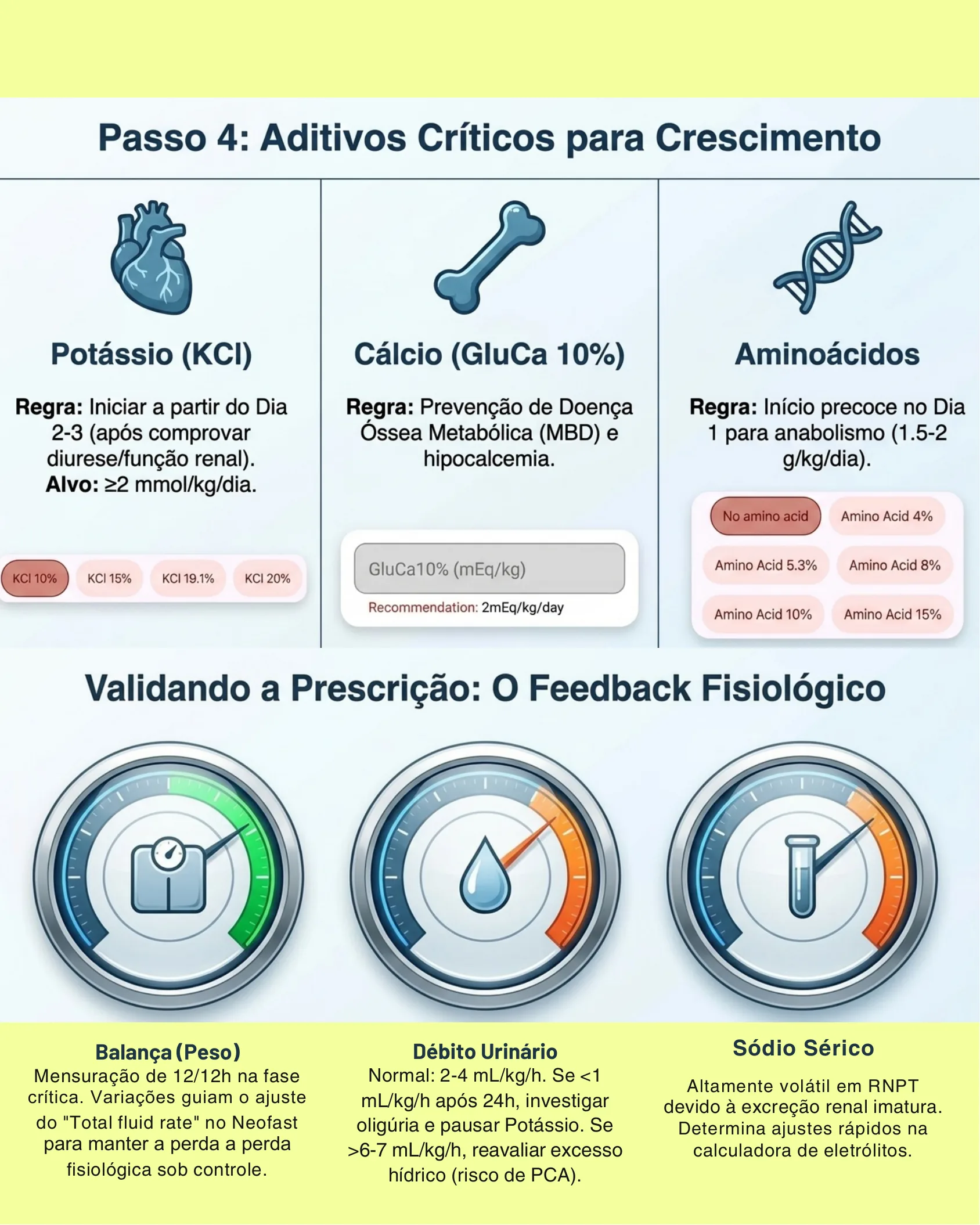 Painel com três colunas sobre potássio, cálcio e aminoácidos neonatais, seguido de três medidores de feedback fisiológico: peso, débito urinário e sódio sérico.