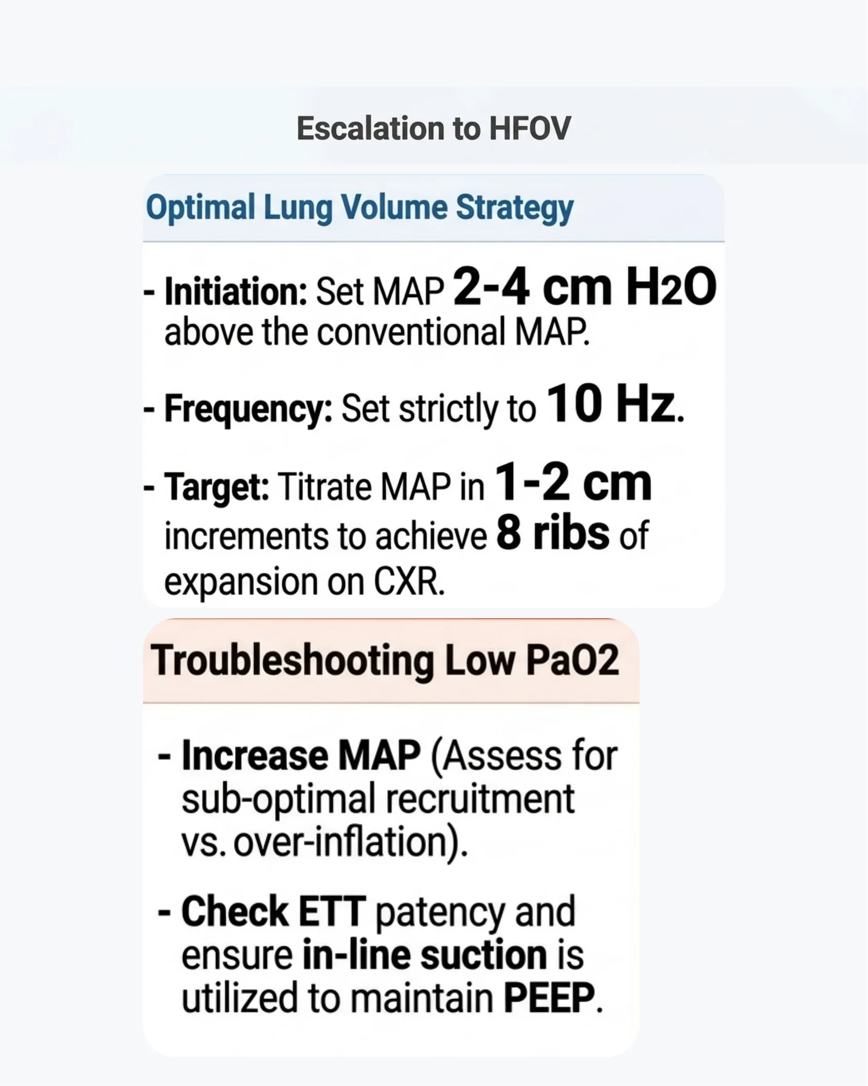 Text panels detailing the optimal lung volume ventilation strategy for HFOV escalation and troubleshooting steps for low PaO2.