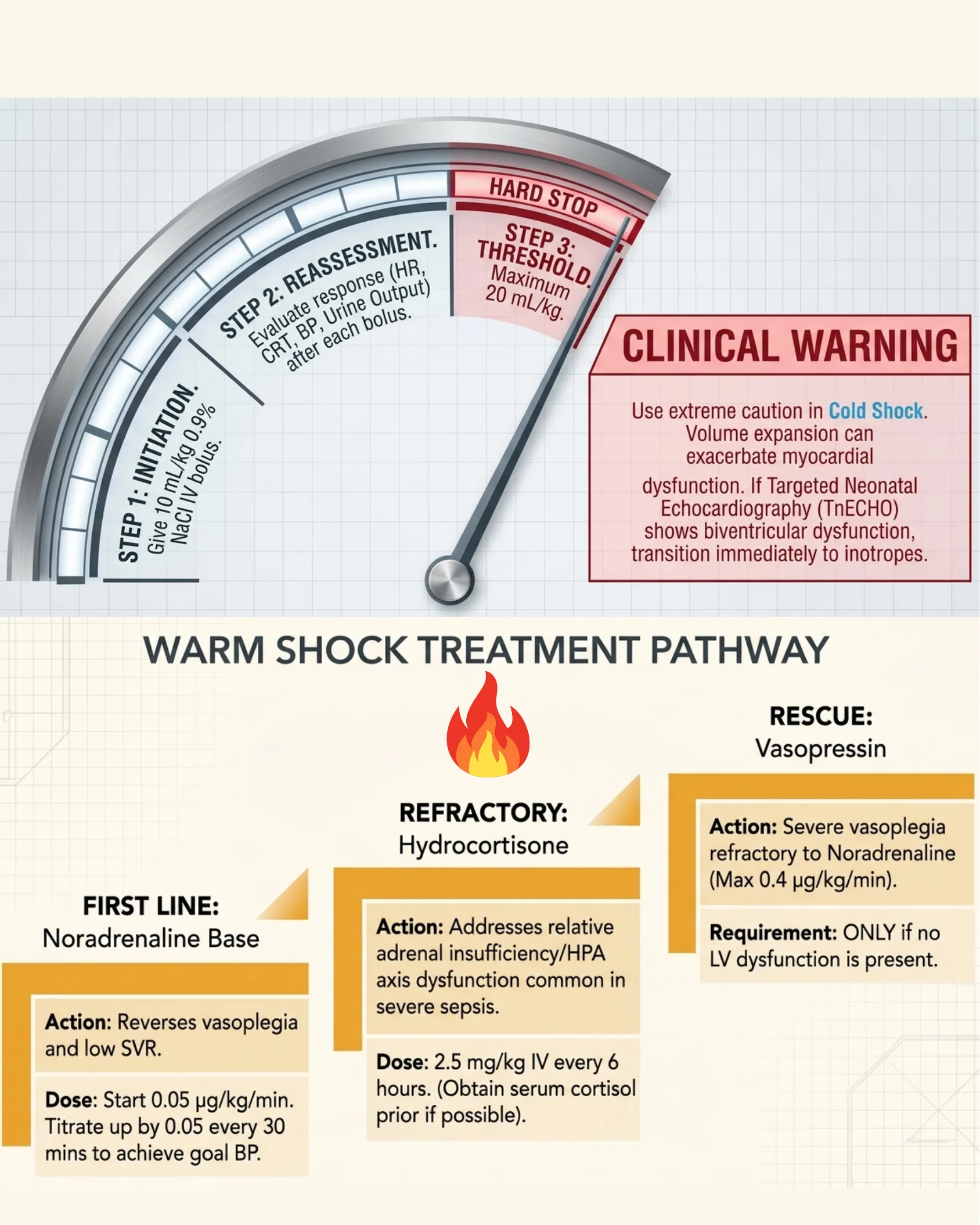 Manômetro de reanimação volêmica (initiation, reassessment, hard stop 20 mL/kg) e Warm Shock Treatment Pathway: noradrenaline, hidrocortisona, vasopressina.