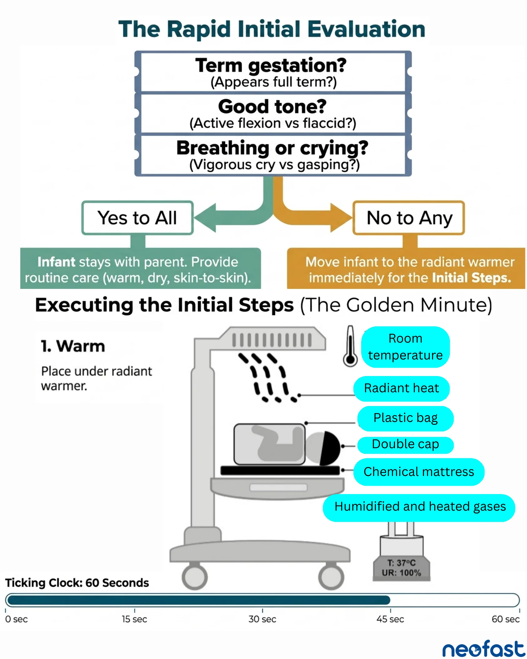 Decision flowchart for the rapid initial evaluation of a newborn based on term gestation, tone, and breathing, leading to routine care or radiant warmer initial steps, illustrated with a warmer setup diagram and a 60-second timeline.