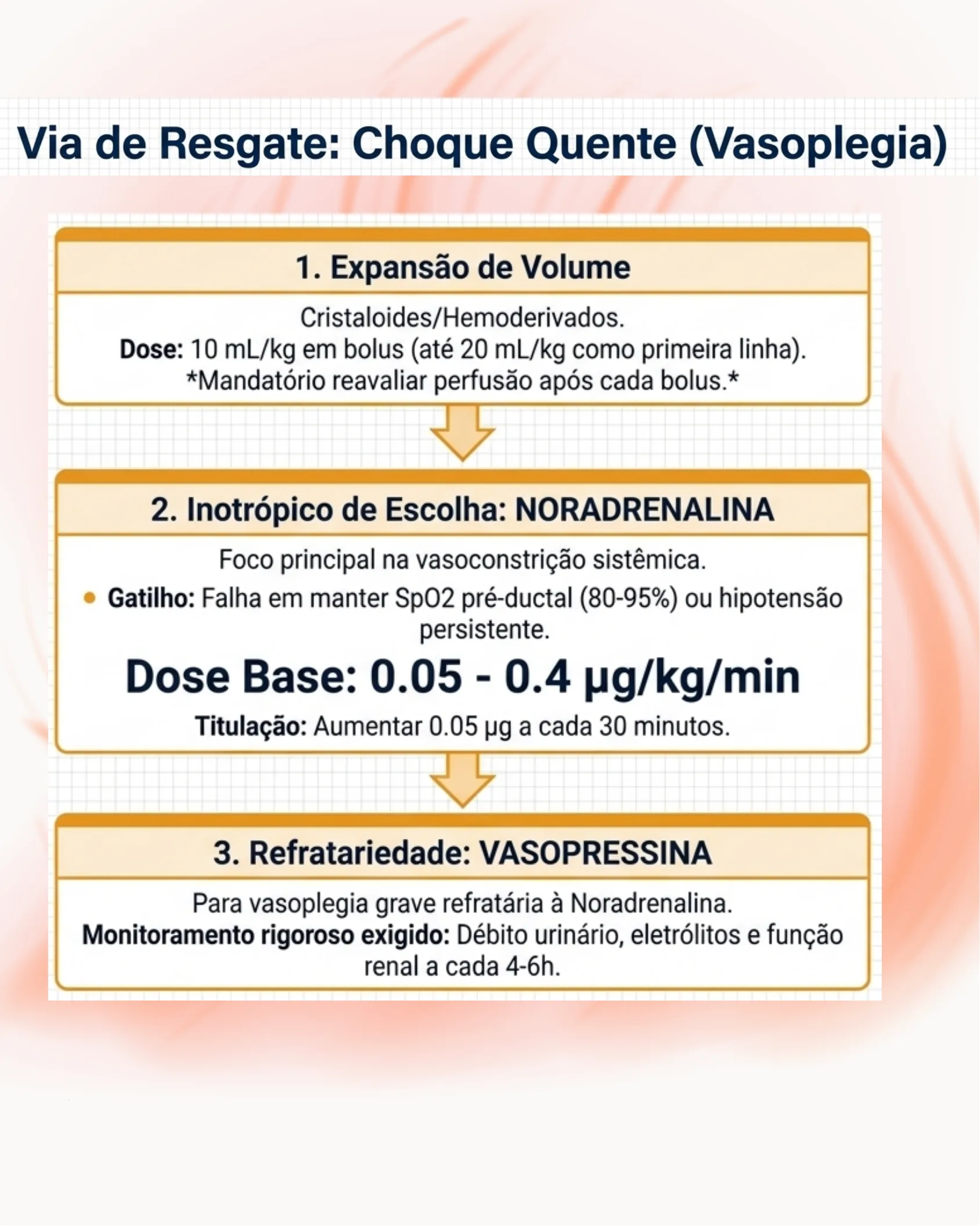 Fluxograma com três etapas do resgate hemodinâmico para choque quente/vasoplegia: expansão de volume, noradrenalina como inotrópico de escolha e vasopressina para refratariedade.