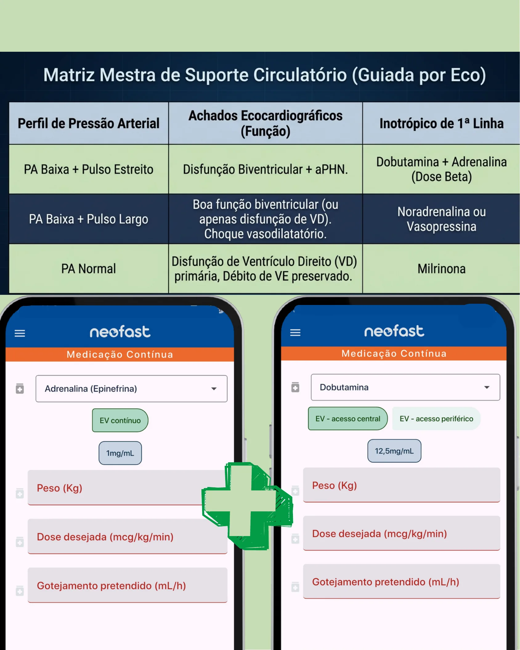 Tabela de matriz de suporte circulatório guiada por ecocardiografia com perfis de pressão arterial e capturas de tela do aplicativo Neofast para cálculo de doses de adrenalina e dobutamina.