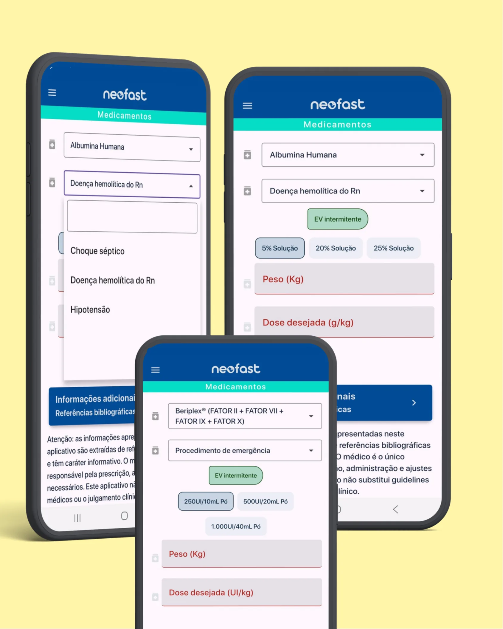 Três telas do aplicativo Neofast mostrando seleção de albumina humana, indicações clínicas e cálculo de dose para Beriplex em procedimento de emergência.