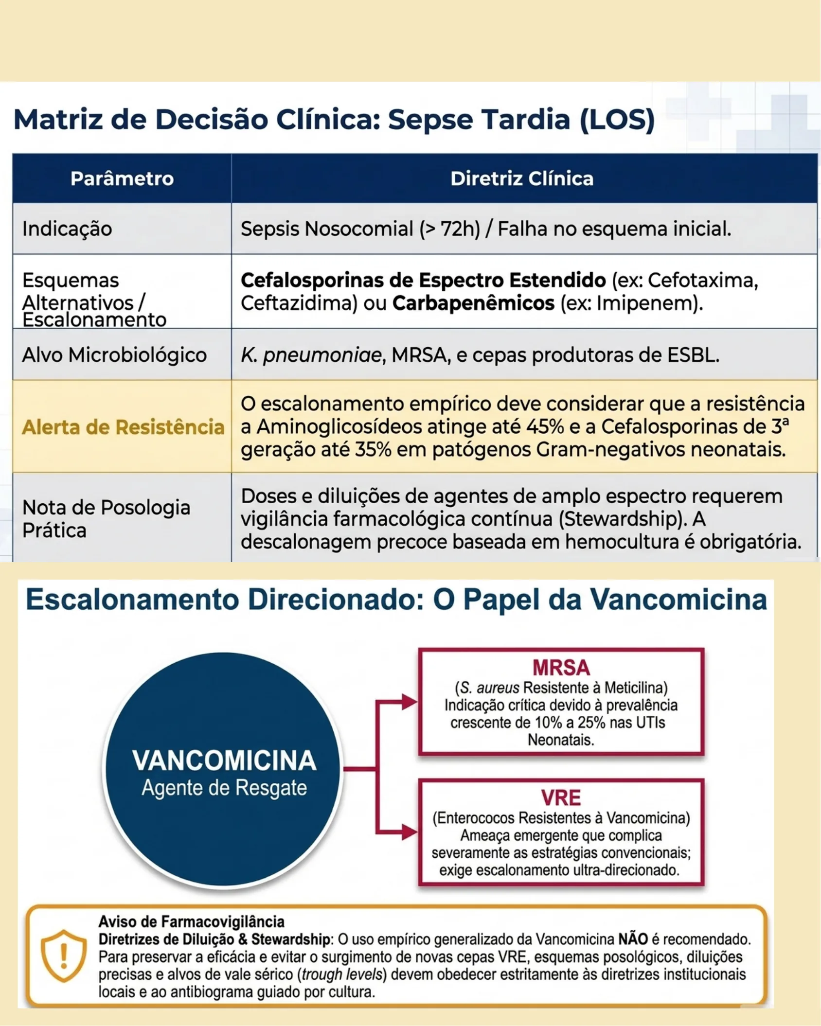 Tabela de diretrizes clínicas para sepse tardia e diagrama mostrando o papel da Vancomicina no escalonamento direcionado contra MRSA e VRE.