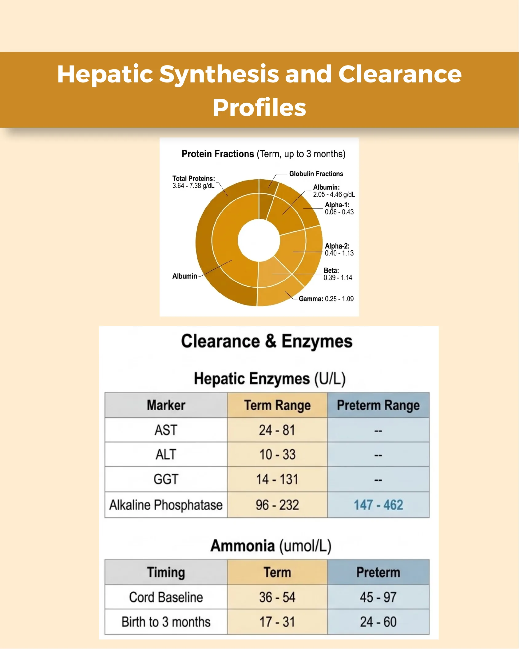 Donut chart of neonatal protein fractions including albumin and globulins, plus tables of hepatic enzyme ranges and ammonia levels comparing term and preterm neonates.