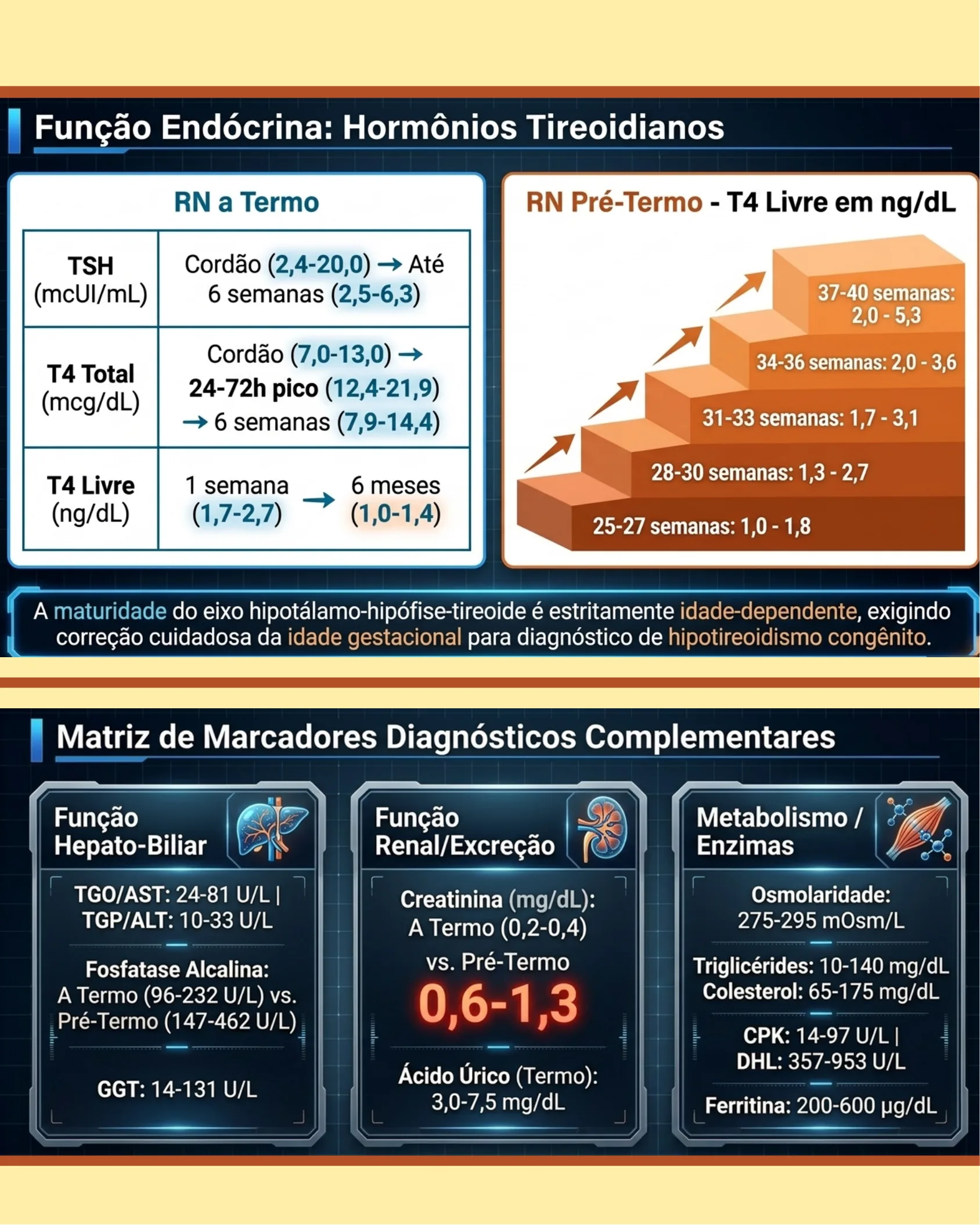 Tabelas de hormônios tireoidianos (TSH, T4 total, T4 livre) por idade gestacional e matriz de marcadores hepatobiliares, renais e metabólicos complementares.