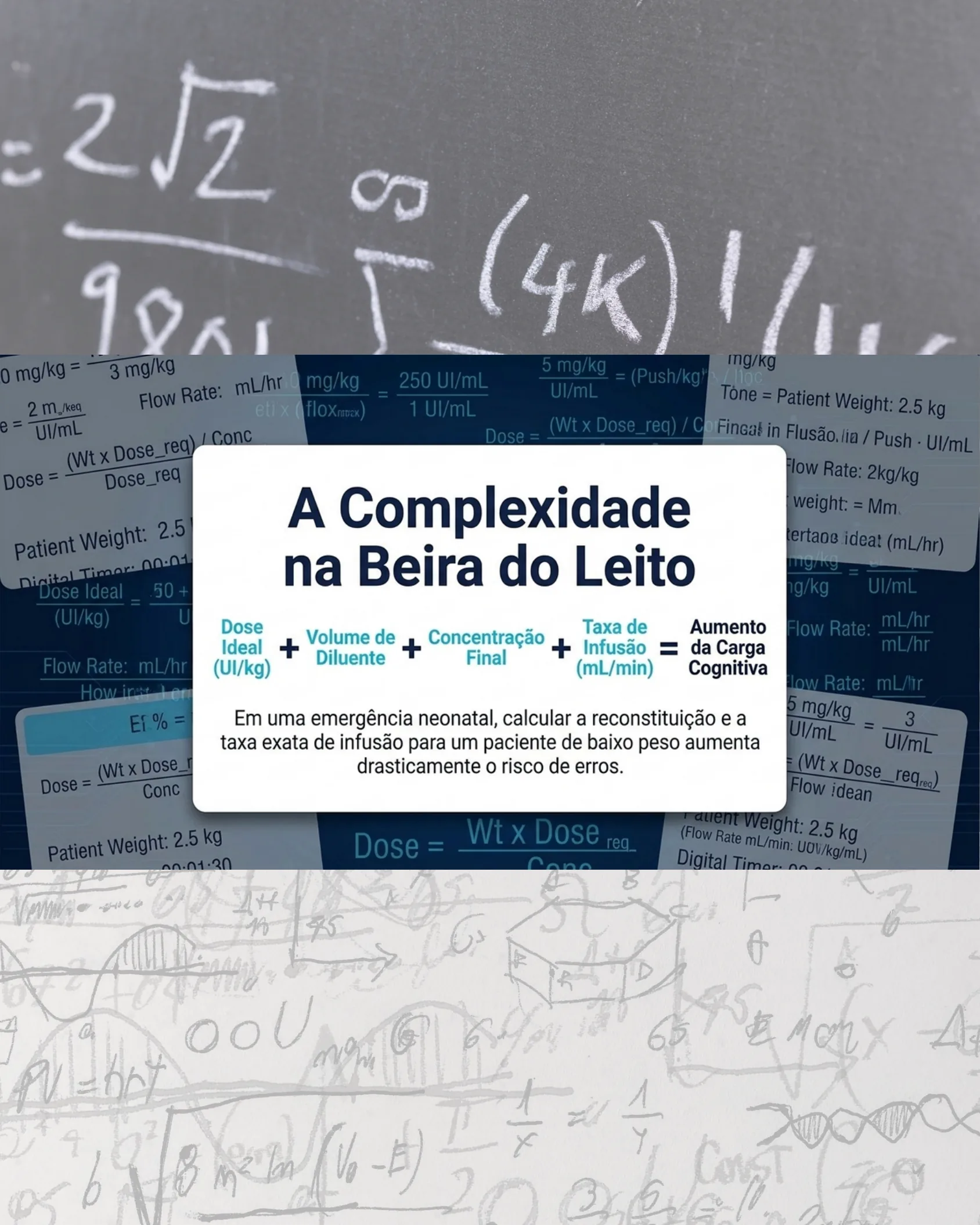 Fundo com fórmulas matemáticas e cálculos de dose manuscritos ilustrando a complexidade dos cálculos de infusão, com card central destacando a soma de fatores que aumentam a carga cognitiva.