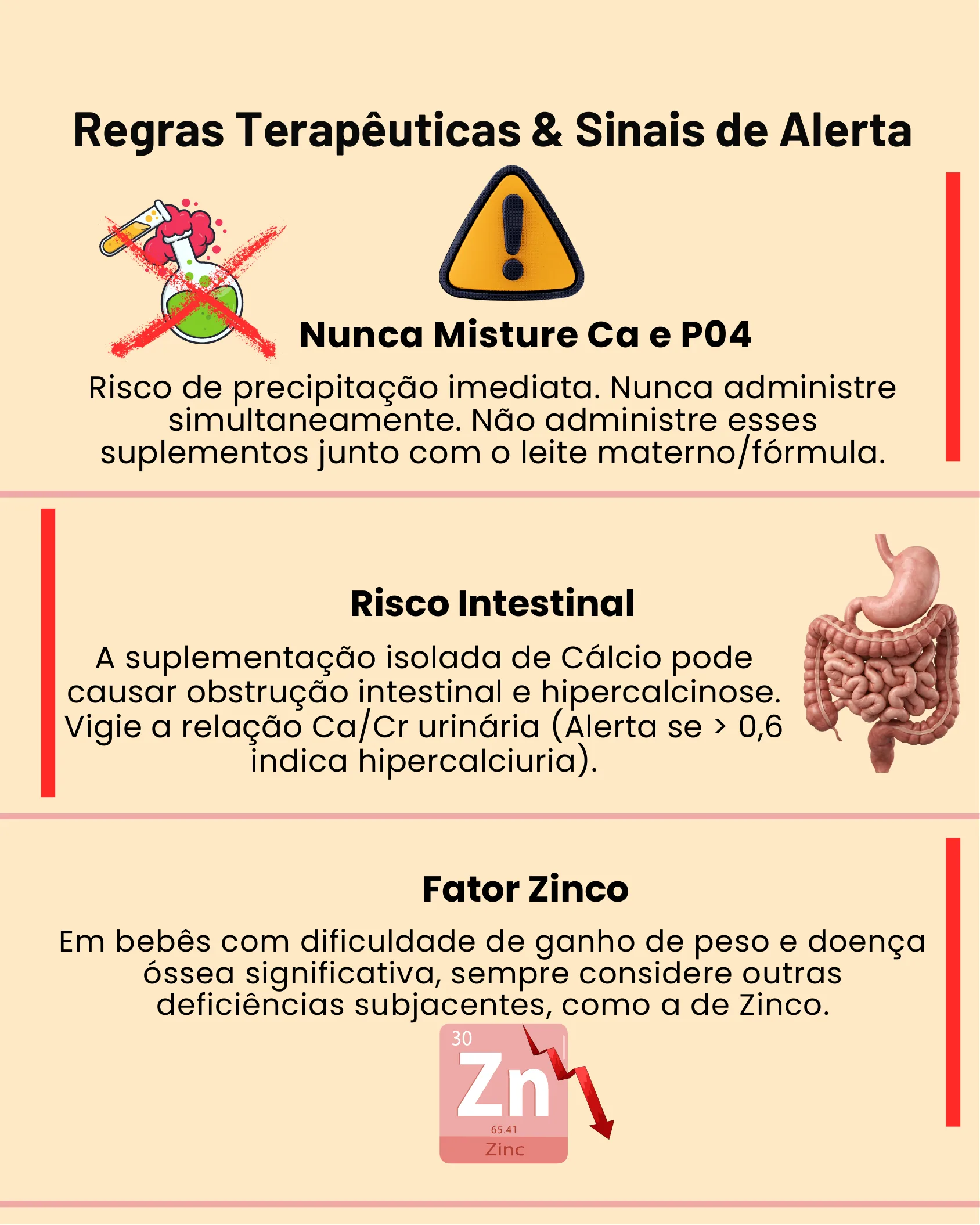 Infográfico com três alertas de segurança: não misturar cálcio e fosfato, risco de obstrução intestinal e fator de deficiência de zinco.