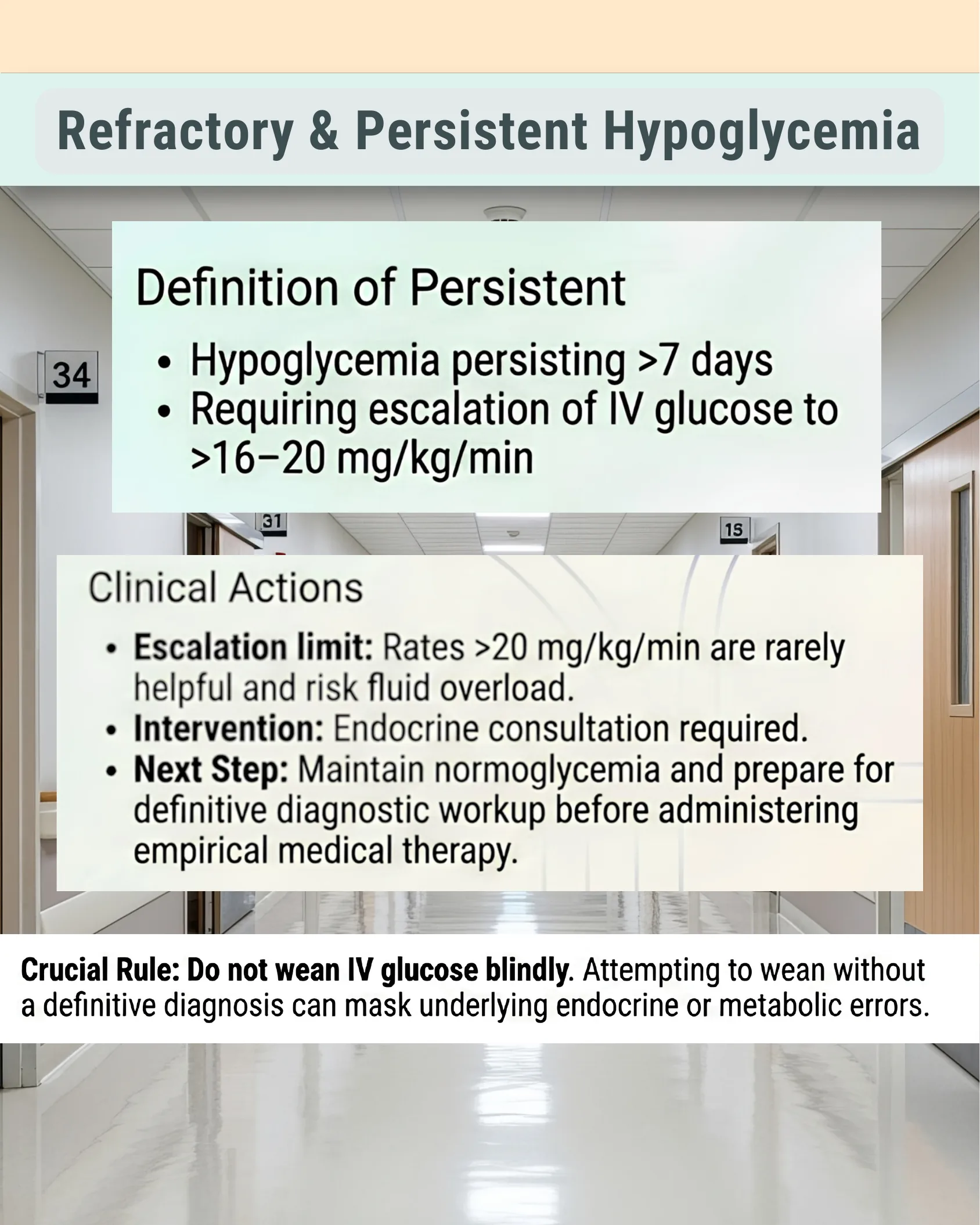 Two text panels in a hospital corridor defining persistent hypoglycemia and listing clinical actions including escalation limits, endocrine consultation, and a caution against blindly weaning IV glucose.