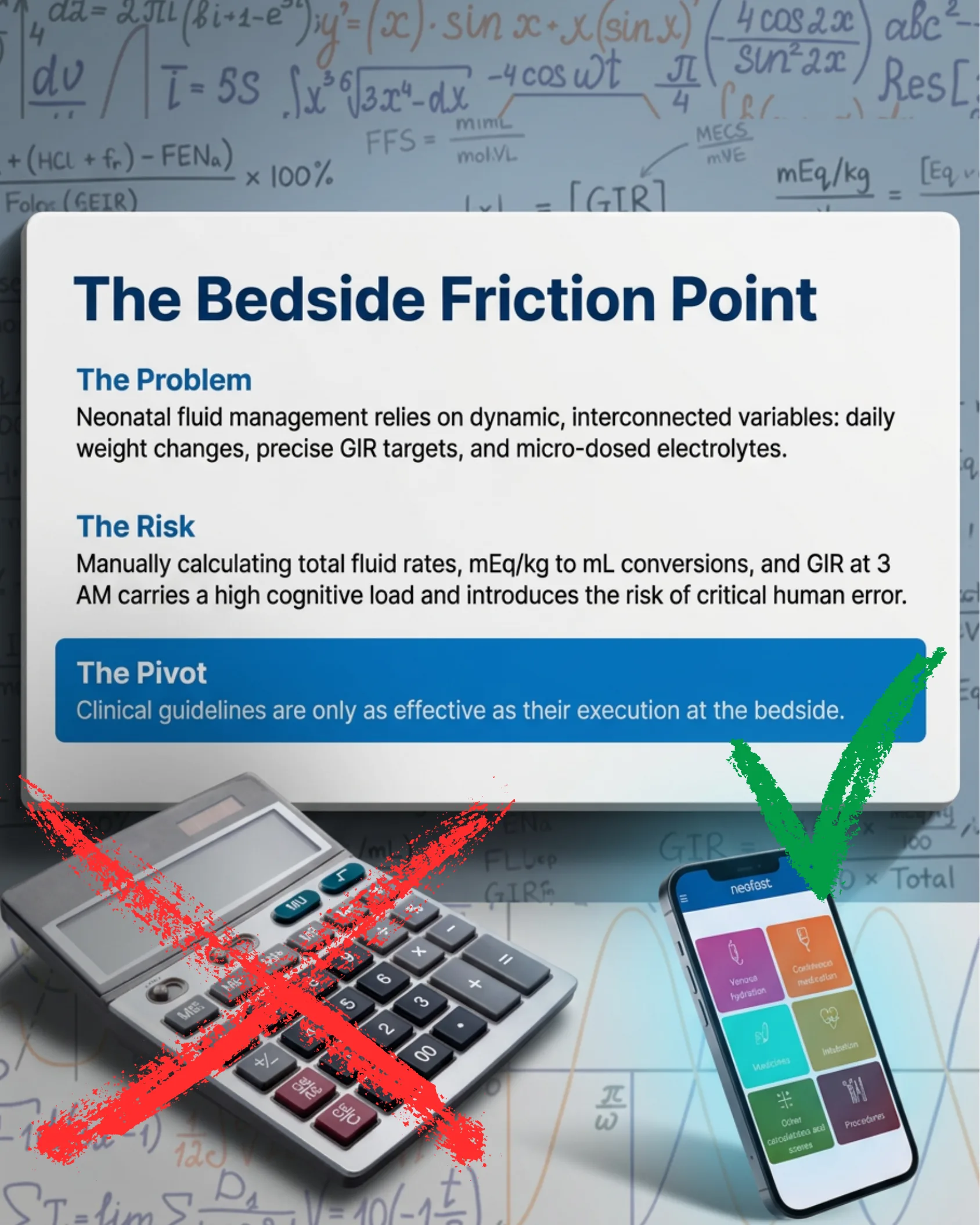Comparison graphic with a crossed-out calculator representing manual error-prone calculations and a checked NeoFast app on a smartphone representing safer digital bedside execution, set against a background of complex handwritten clinical formulas.