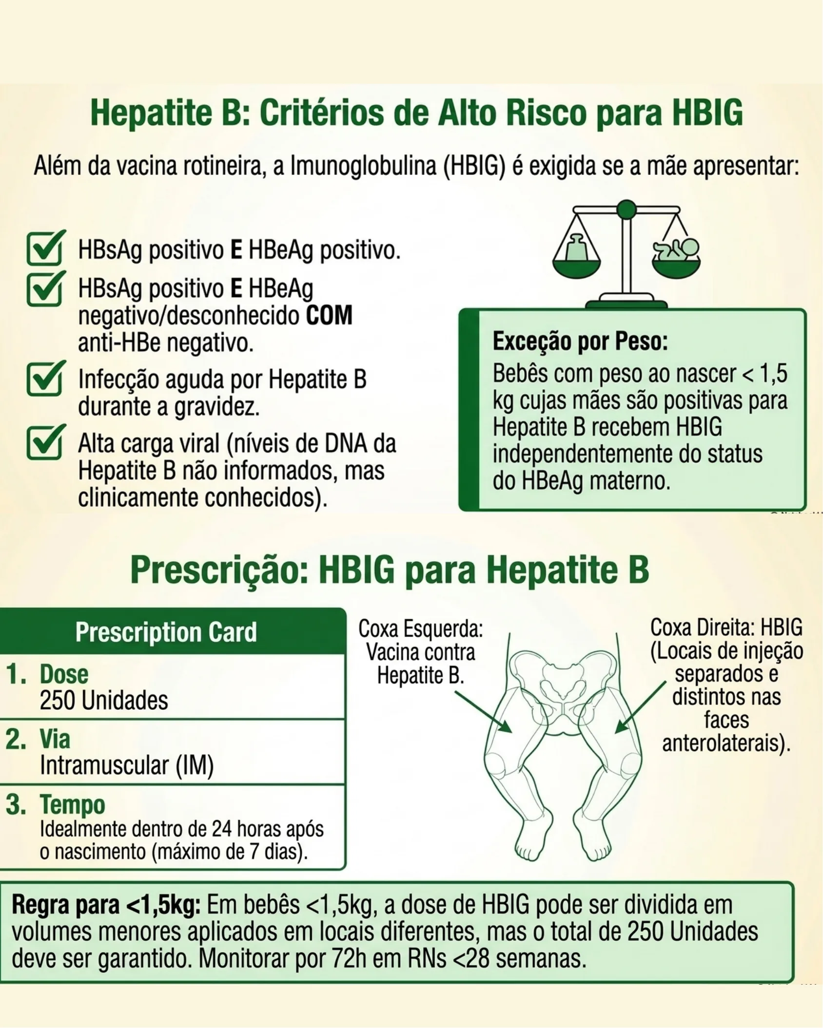 Página listando os critérios de alto risco materno para indicação de HBIG e o cartão de prescrição com locais de injeção intramuscular no bebê.