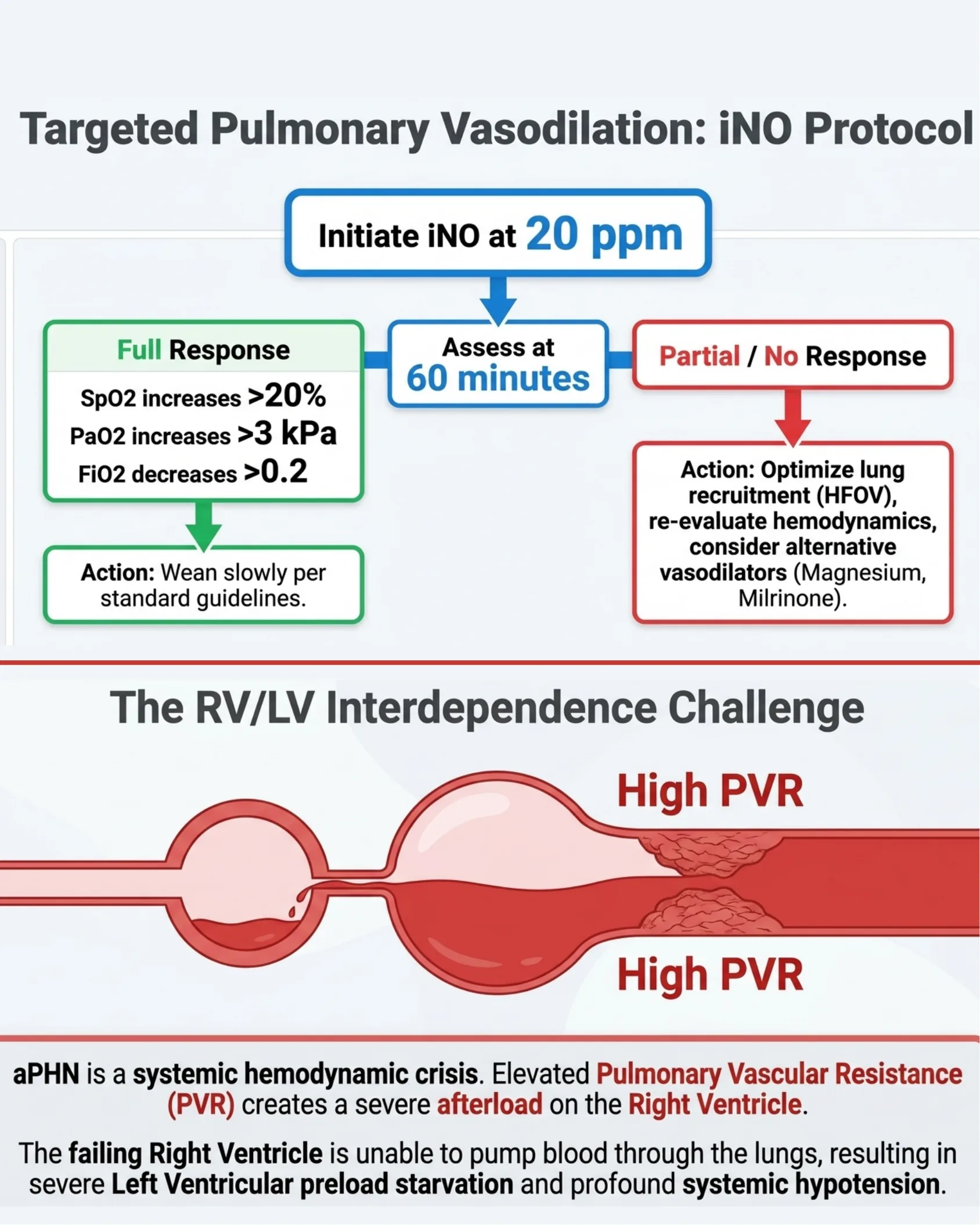 Flowchart of the inhaled nitric oxide protocol showing initiation dose, 60-minute response assessment criteria, and follow-up actions, plus a diagram illustrating right ventricle-left ventricle interdependence under high pulmonary vascular resistance.