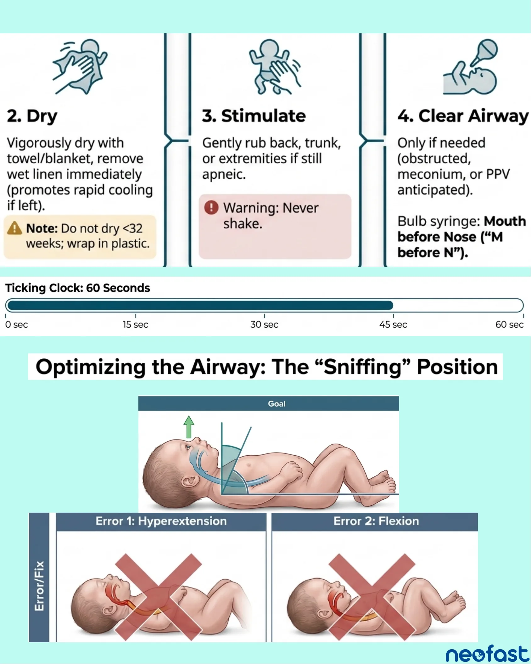 Infographic showing steps 2 through 4 of newborn resuscitation: drying, stimulating, and clearing the airway with a bulb syringe.