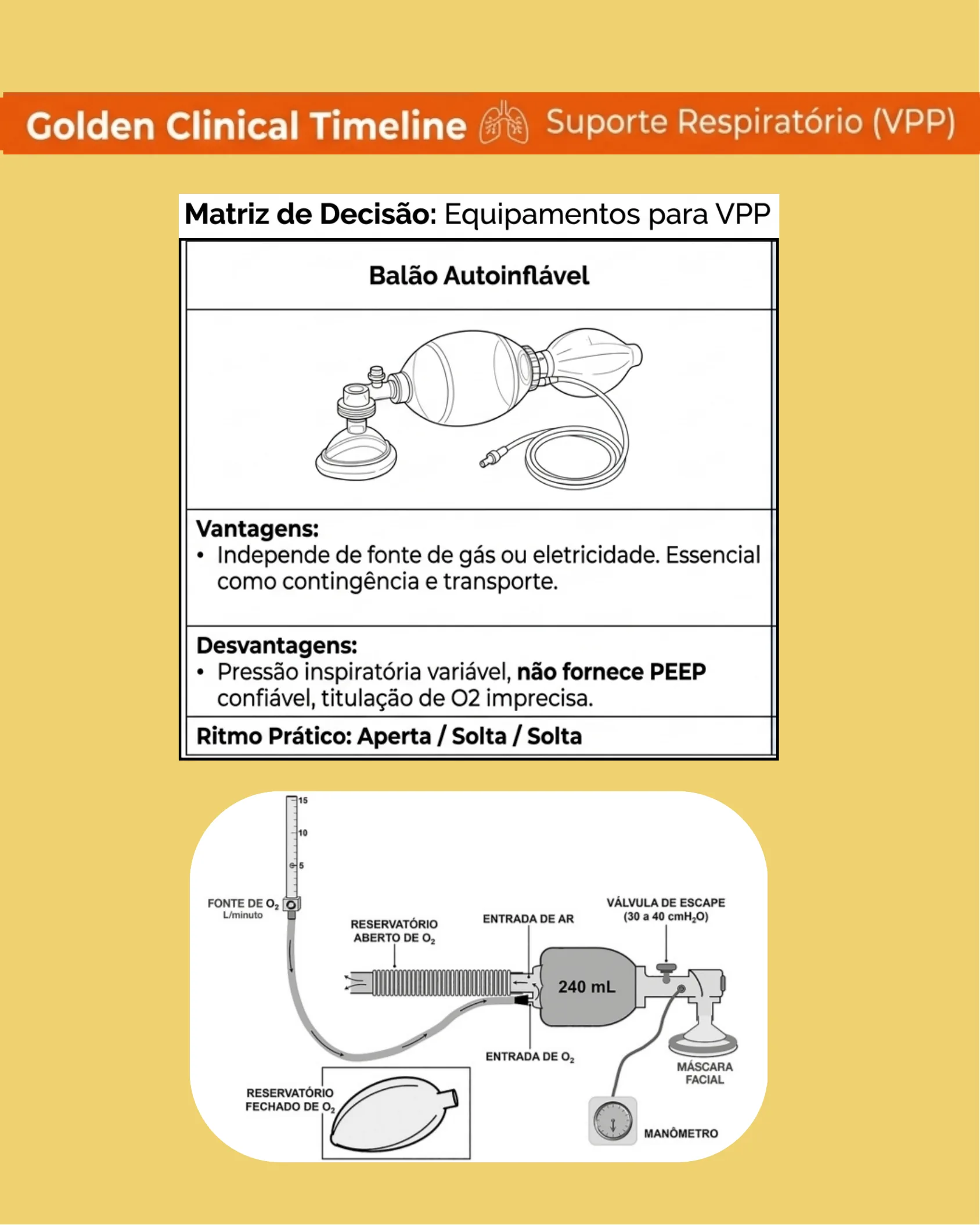 Infográfico comparando o balão autoinflável para ventilação com pressão positiva neonatal, mostrando suas vantagens, desvantagens e um diagrama detalhado de seus componentes.