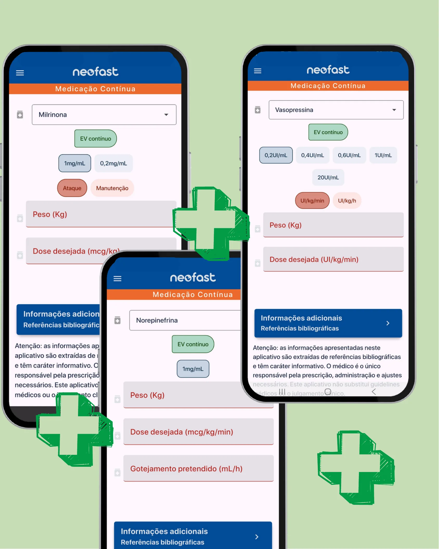 Três telas de smartphone do aplicativo Neofast mostrando cálculos de medicação contínua para Milrinona, Vasopressina e Norepinefrina, com ícones de cruz verde decorativos.