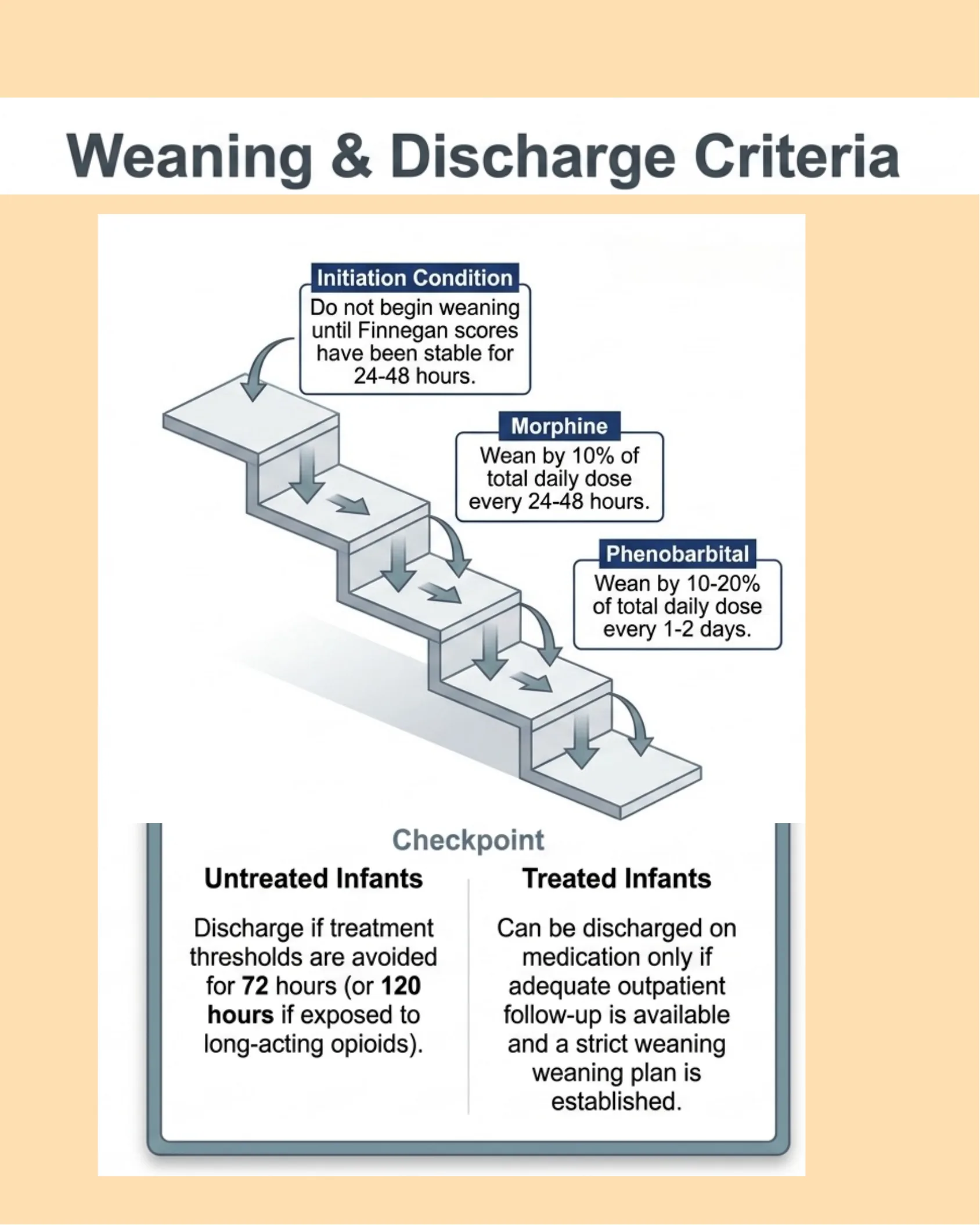 Infographic showing a staircase diagram of weaning steps for morphine and phenobarbital, along with a checkpoint box comparing discharge criteria for untreated and treated infants.