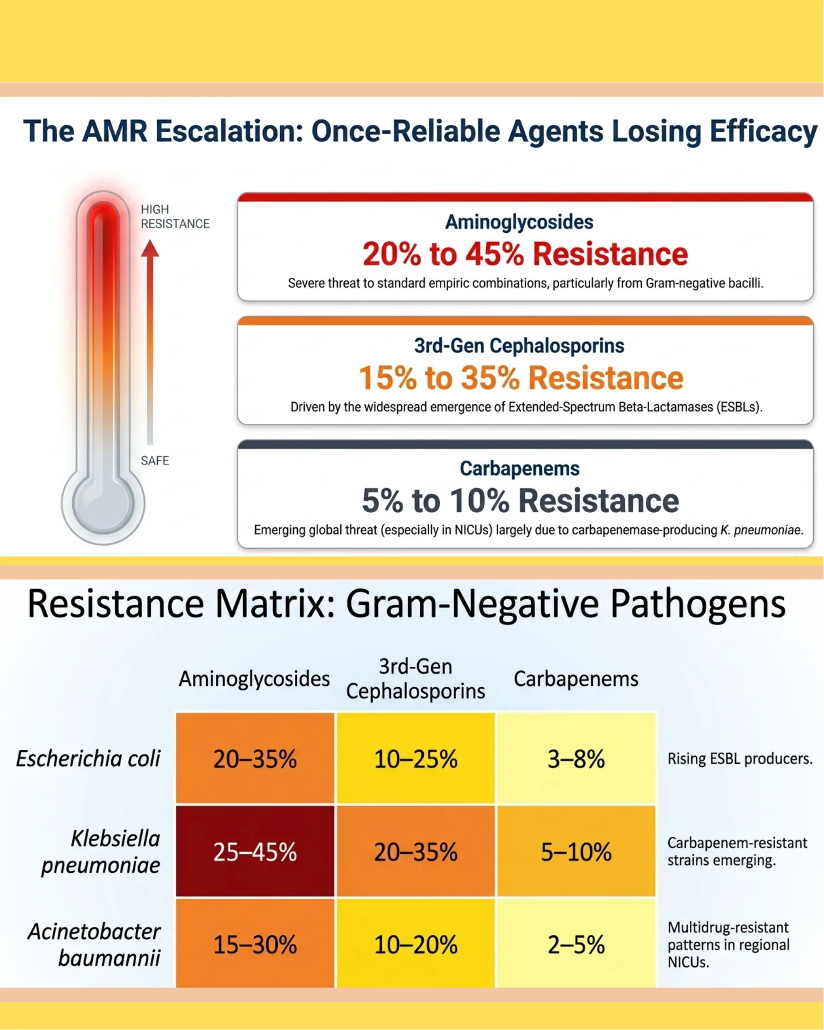 Infographic showing a resistance thermometer and three panels detailing rising resistance percentages for Aminoglycosides, 3rd-Gen Cephalosporins, and Carbapenems, plus a resistance matrix table for Gram-negative pathogens.