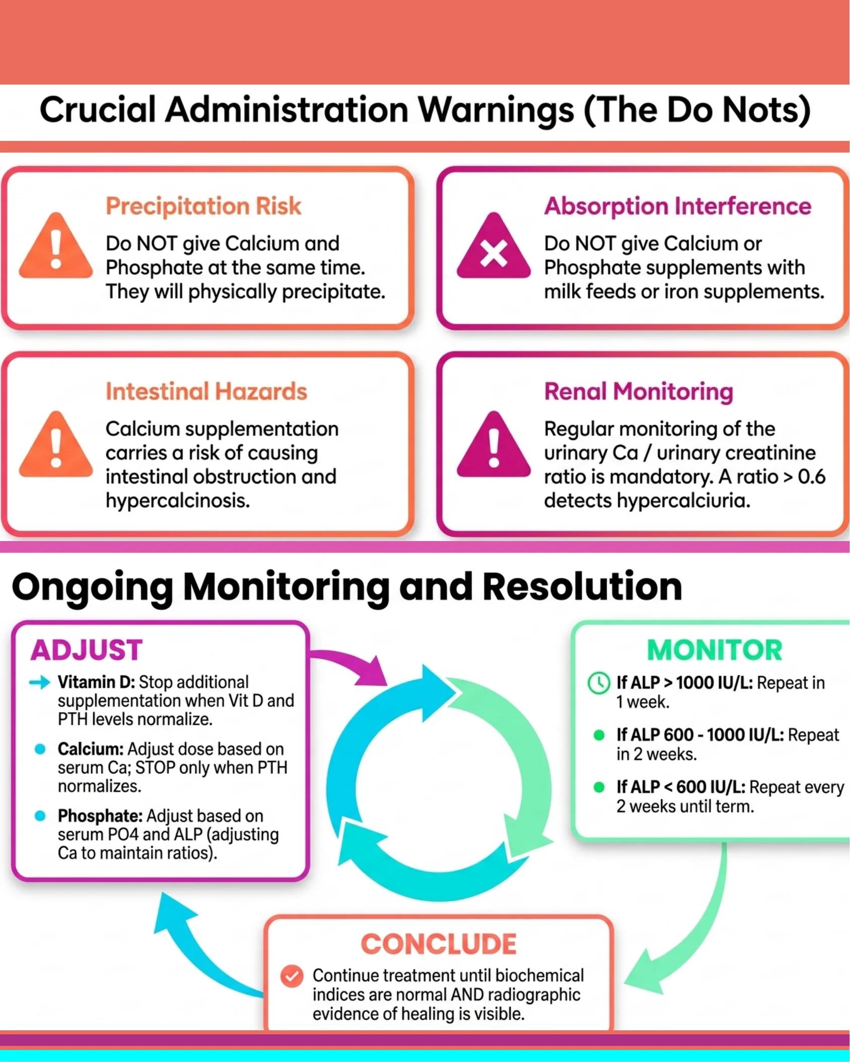 Infographic listing four critical warnings about calcium and phosphate administration and a circular flowchart describing monitoring, adjustment, and treatment conclusion steps.