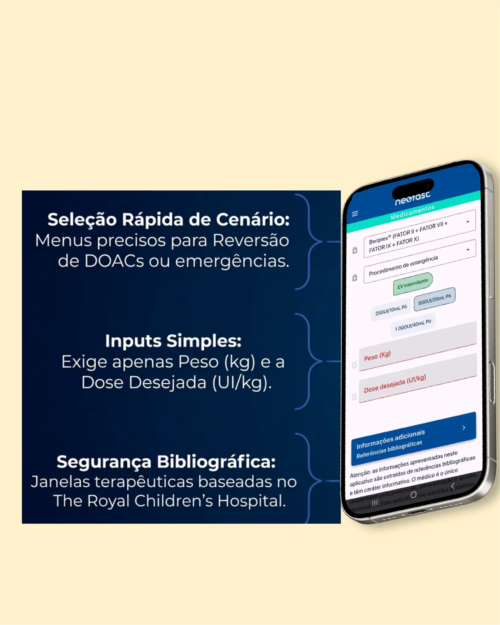 Infográfico mostrando três funcionalidades do aplicativo NeoFast ao lado de uma captura de tela do app exibindo um formulário de medicamento Beriplex com campos de peso e dose