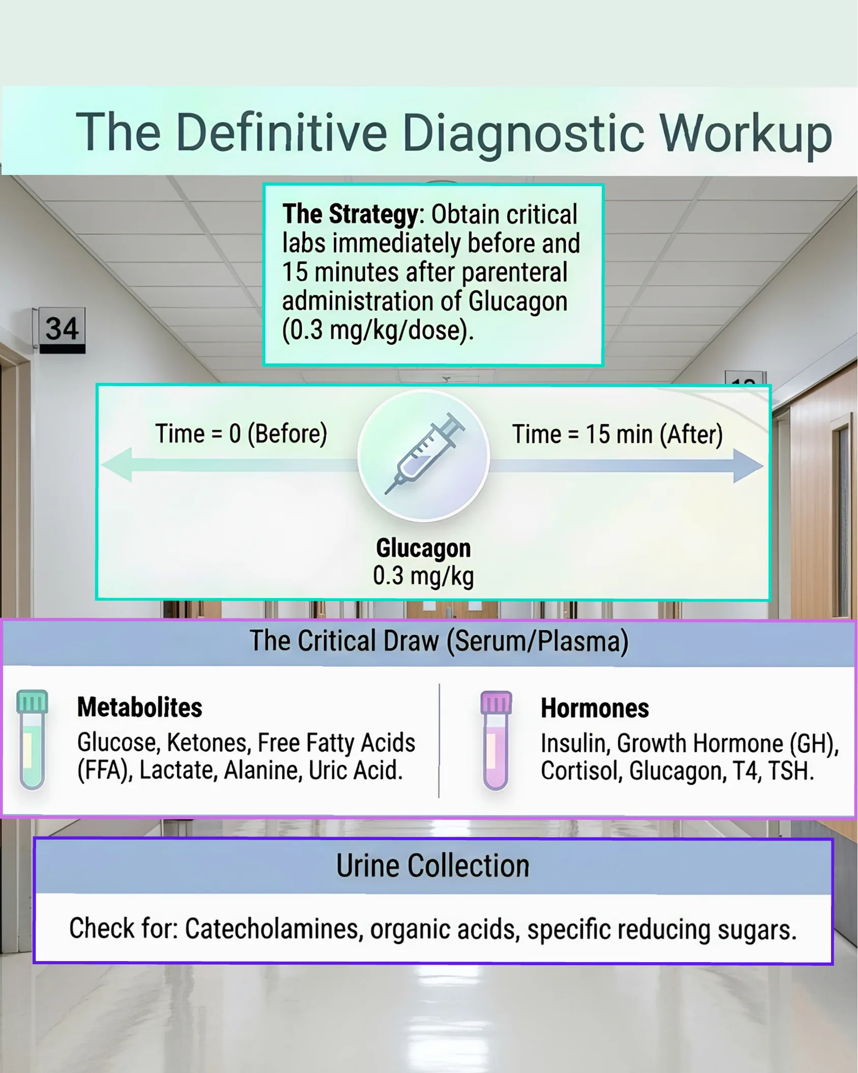 Hospital corridor background with boxes describing the glucagon test strategy, timing of before/after blood draws, and the critical serum and urine labs to collect.