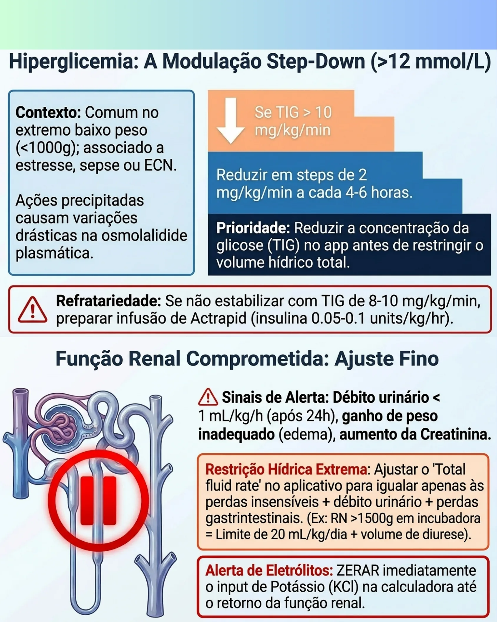 Infográfico sobre manejo da hiperglicemia neonatal com redução escalonada da TIG e cuidados com função renal comprometida.