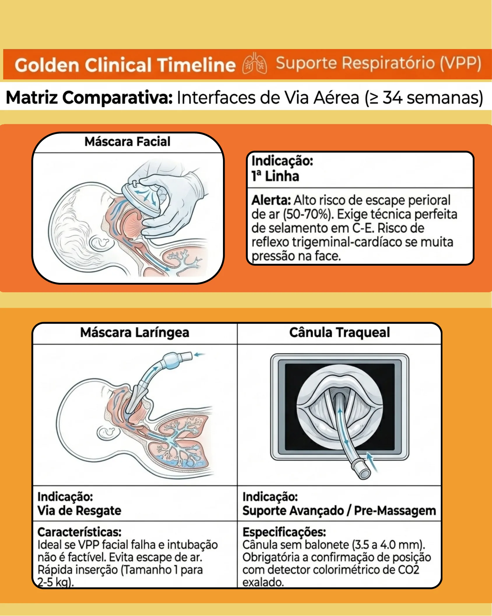 Infográfico comparando três interfaces de via aérea neonatal - máscara facial, máscara laríngea e cânula traqueal - com suas indicações, características e alertas.