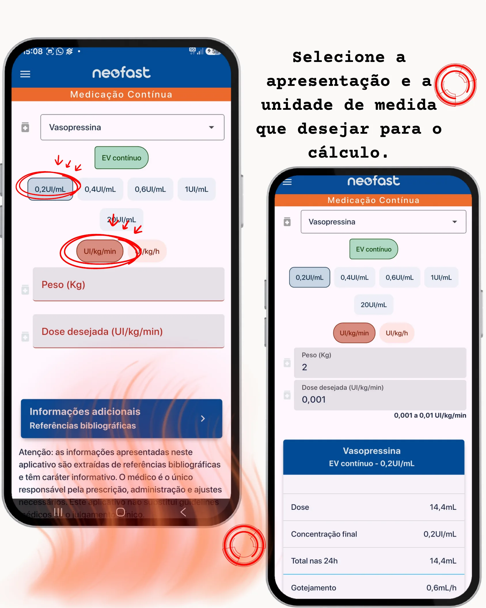 Telas do aplicativo NeoFast destacando com círculos vermelhos a seleção da apresentação 0,2UI/mL e da unidade UI/kg/min para Vasopressina, com o resultado do cálculo de dose e gotejamento.