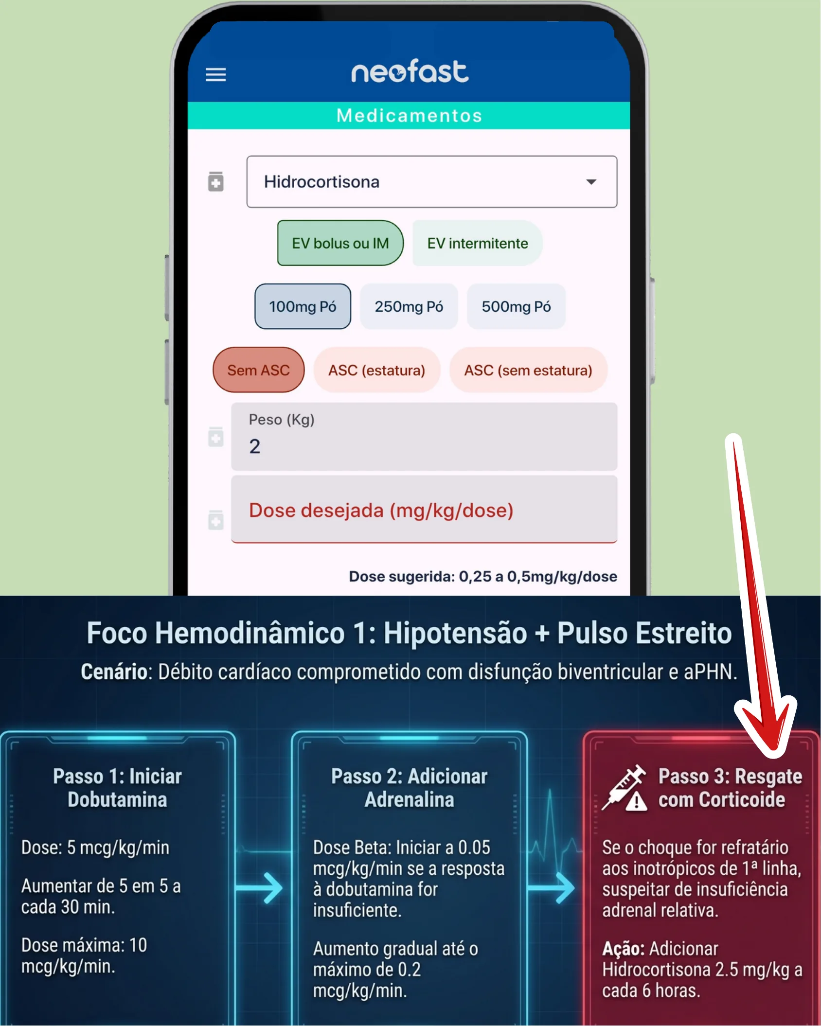 Tela do app Neofast para Hidrocortisona ao lado de um fluxograma de três passos para tratamento de choque com disfunção biventricular e aPHN, destacando o resgate com corticoide.