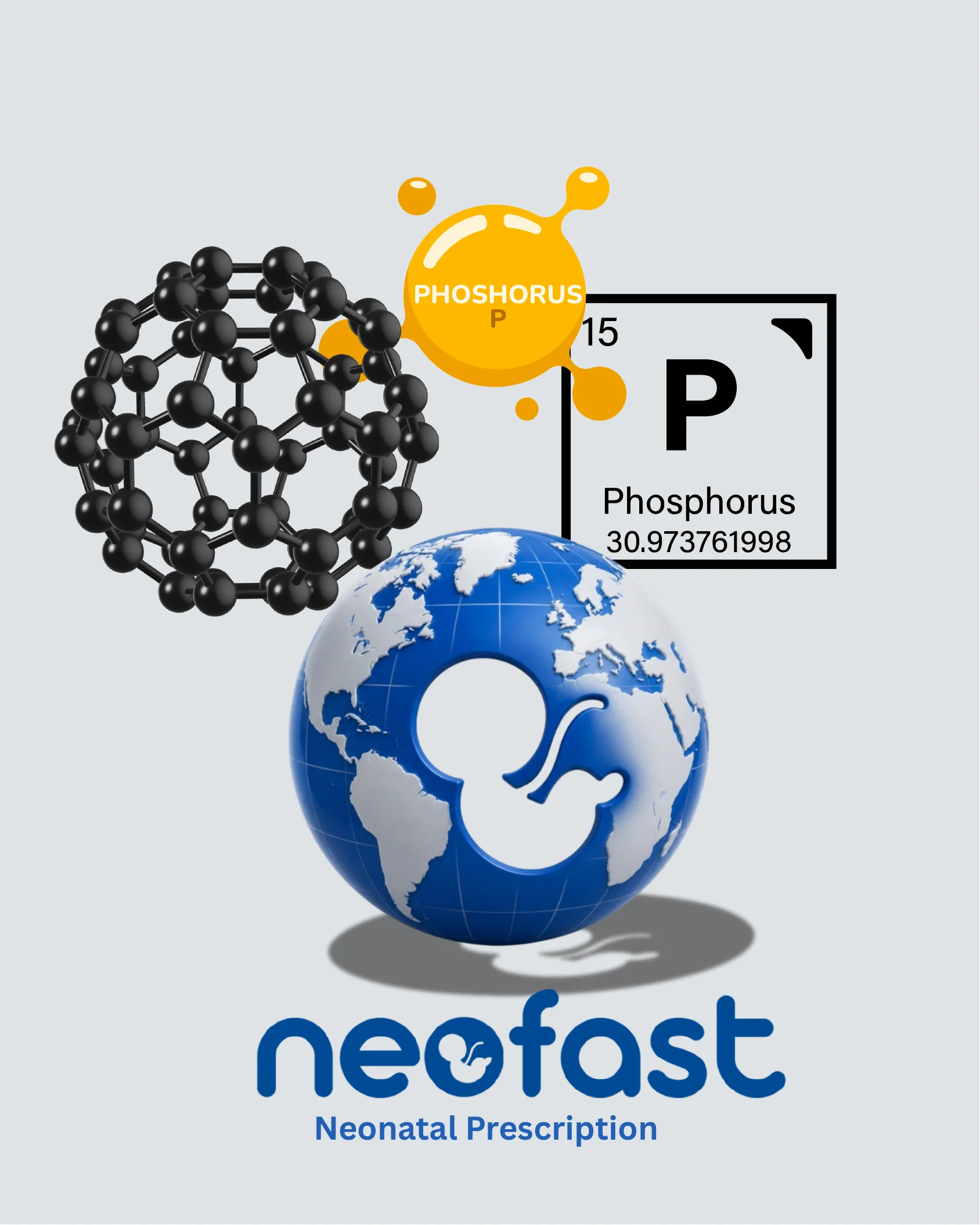 Closing branding page featuring a phosphorus atom graphic, periodic table element card for Phosphorus, a molecular structure model, and the Neofast Neonatal Prescription logo with a globe and fetus icon.
