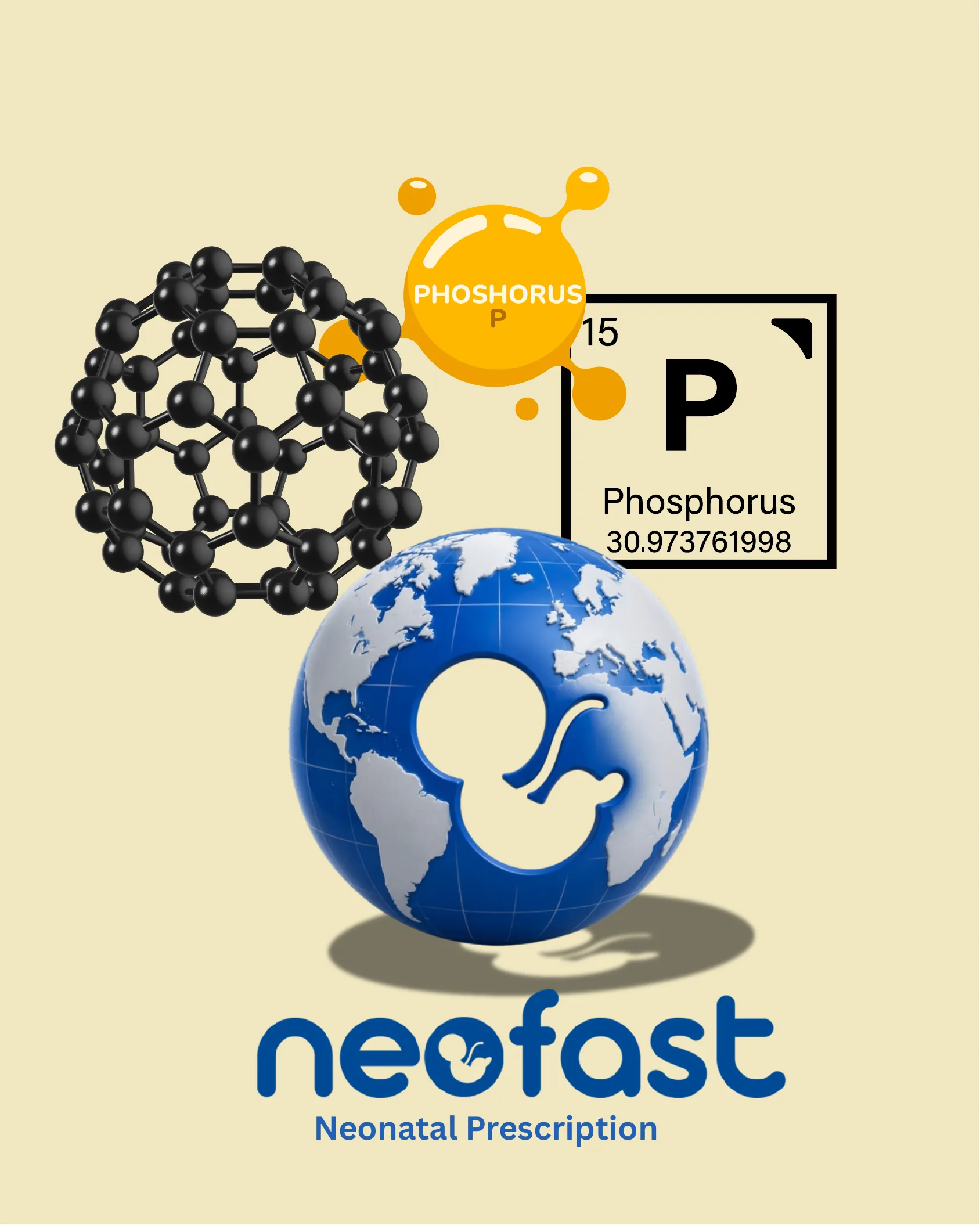Página final com o símbolo químico do fósforo, uma estrutura molecular, um globo terrestre estilizado com um feto e a logomarca Neofast - Neonatal Prescription.