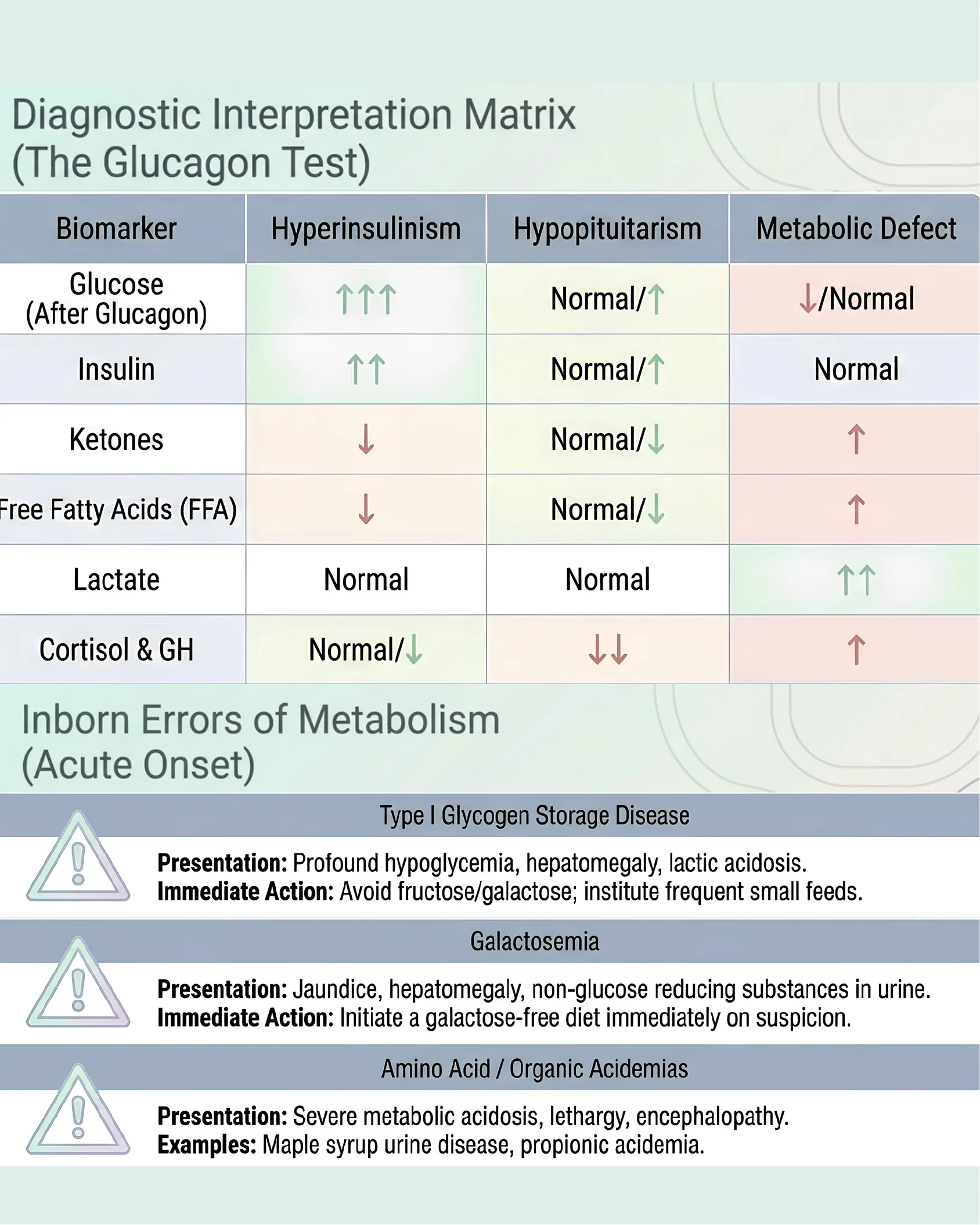 Table comparing glucose, insulin, ketone, FFA, lactate, cortisol, and GH responses across hyperinsulinism, hypopituitarism, and metabolic defect, plus a summary of inborn errors of metabolism with acute presentations.